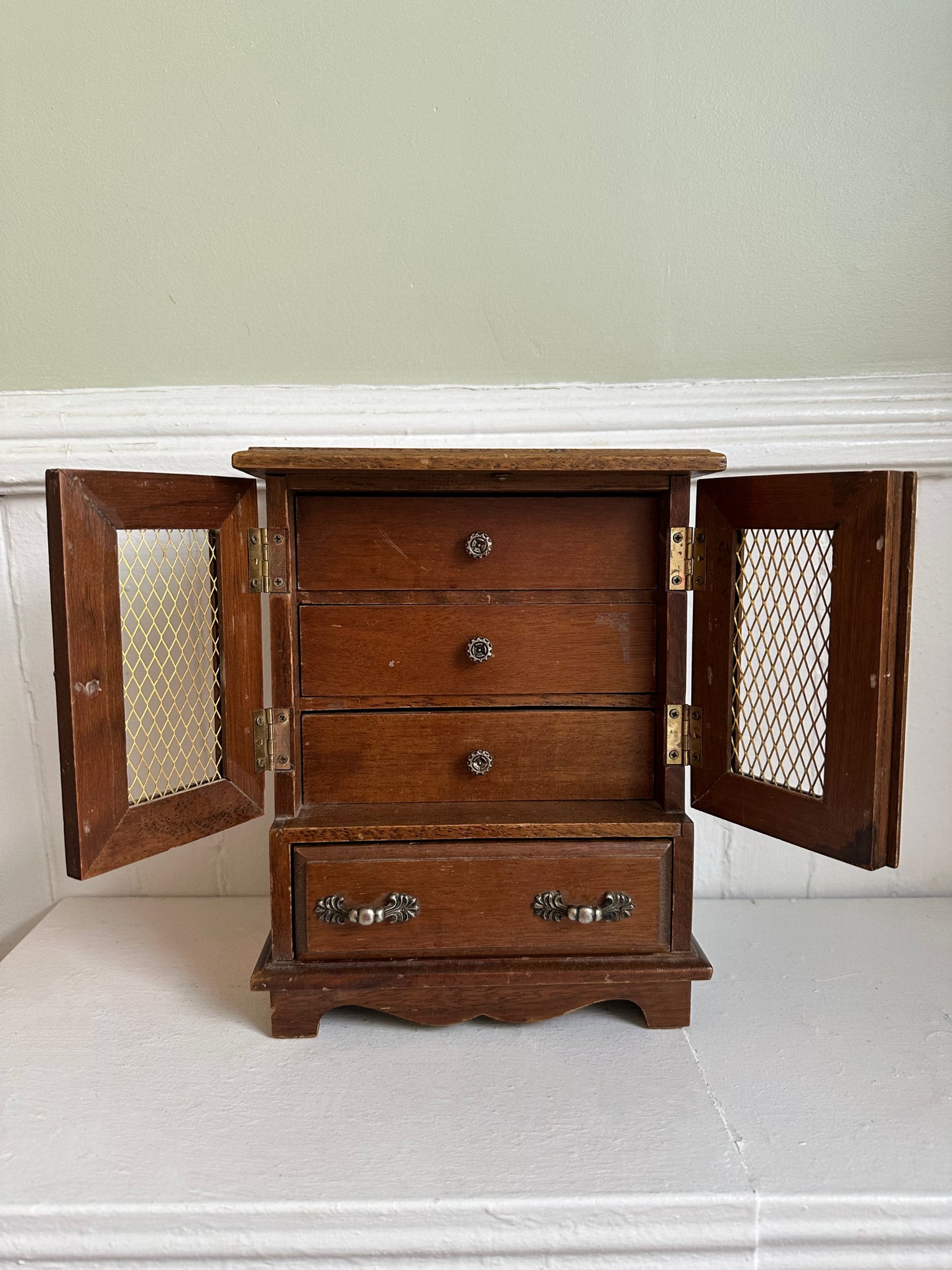 Vintage Wood Armoire Jewelry Box with Doors