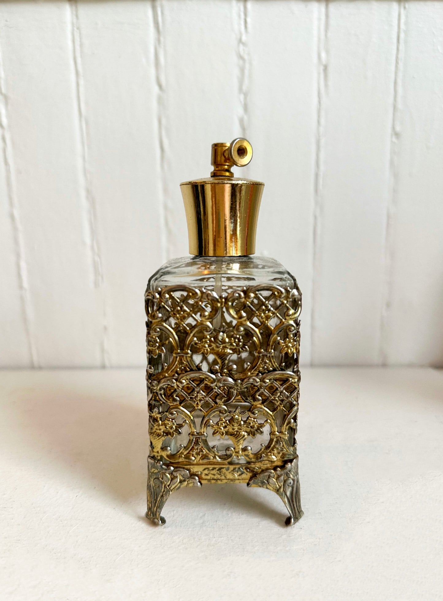 Vintage Perfume Bottle with Ornate Brass Filigree Cage
