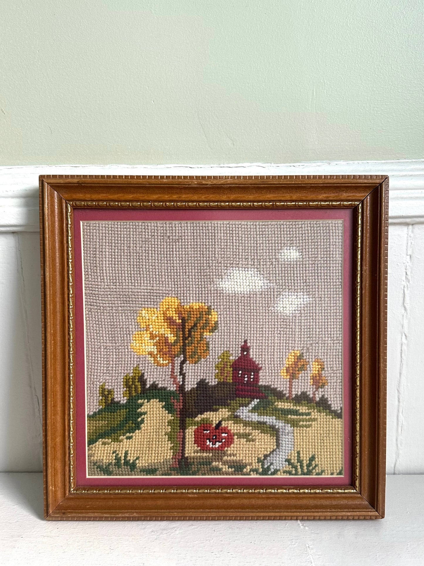 Vintage Pumpkin Fall Scene Framed Needlepoint