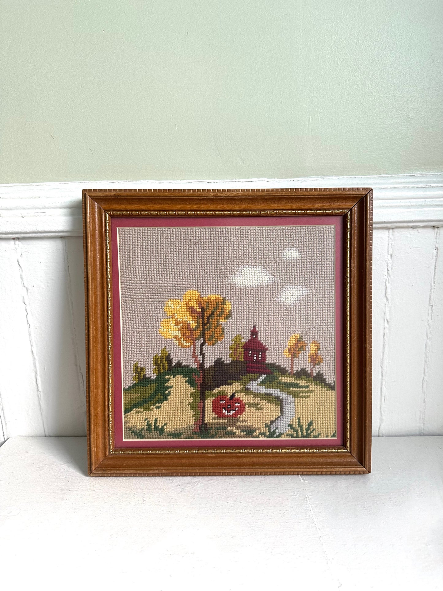 Vintage Pumpkin Fall Scene Framed Needlepoint