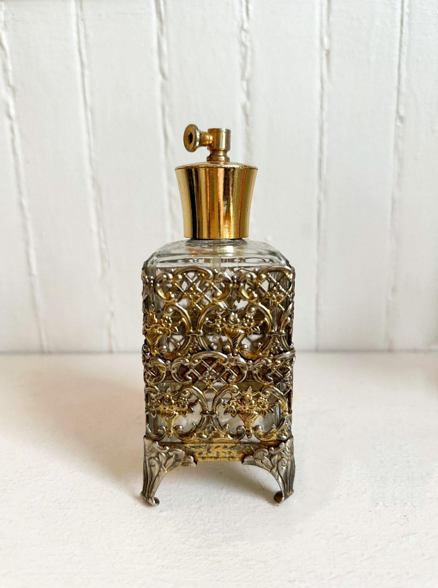 Vintage Perfume Bottle with Ornate Brass Filigree Cage