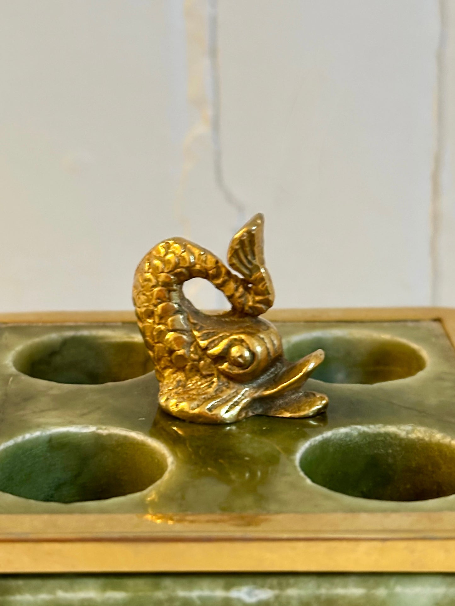 Vintage Green Marble & Brass Koi Fish Lipstick Holder