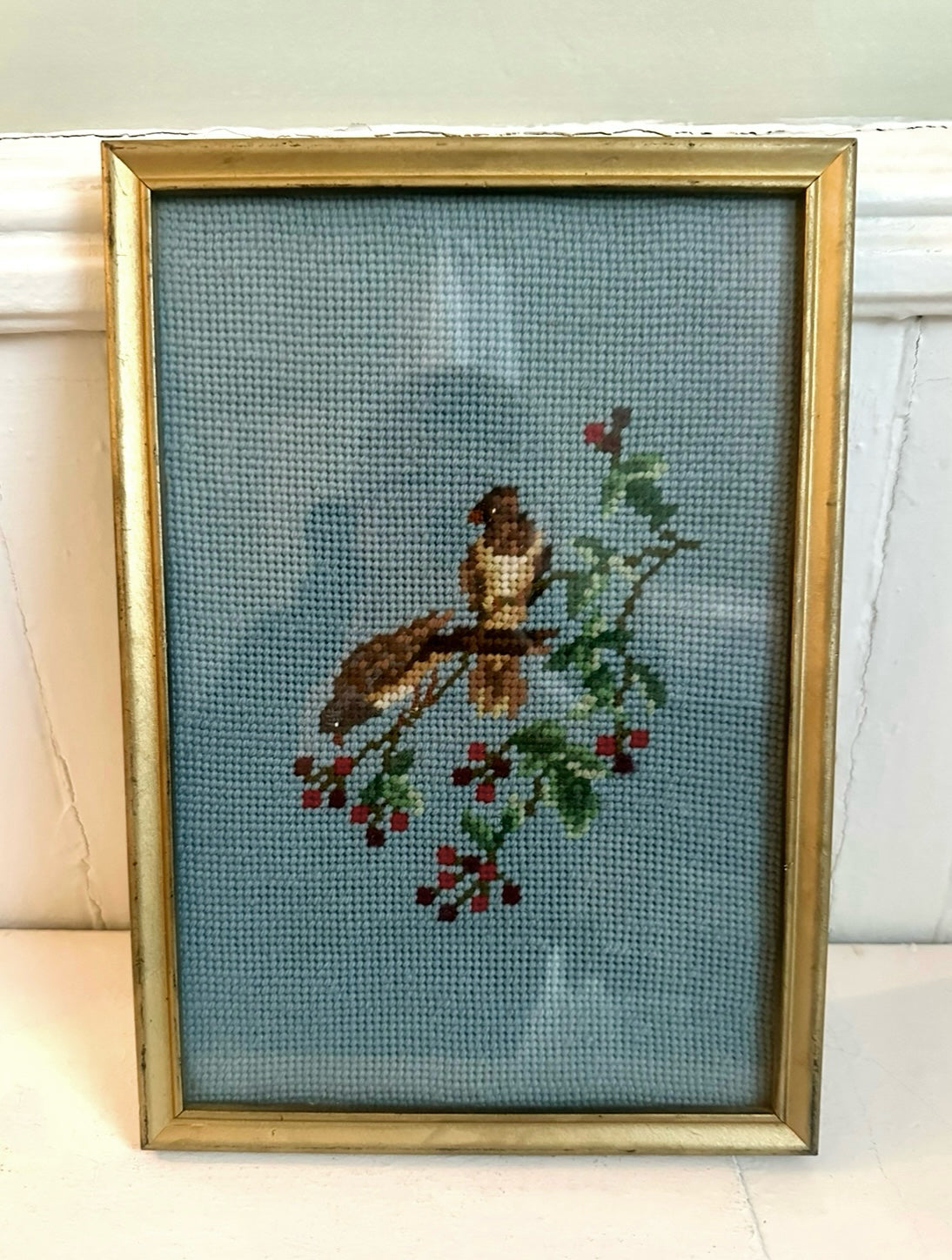 Vintage Perched Birds Framed Needlepoint