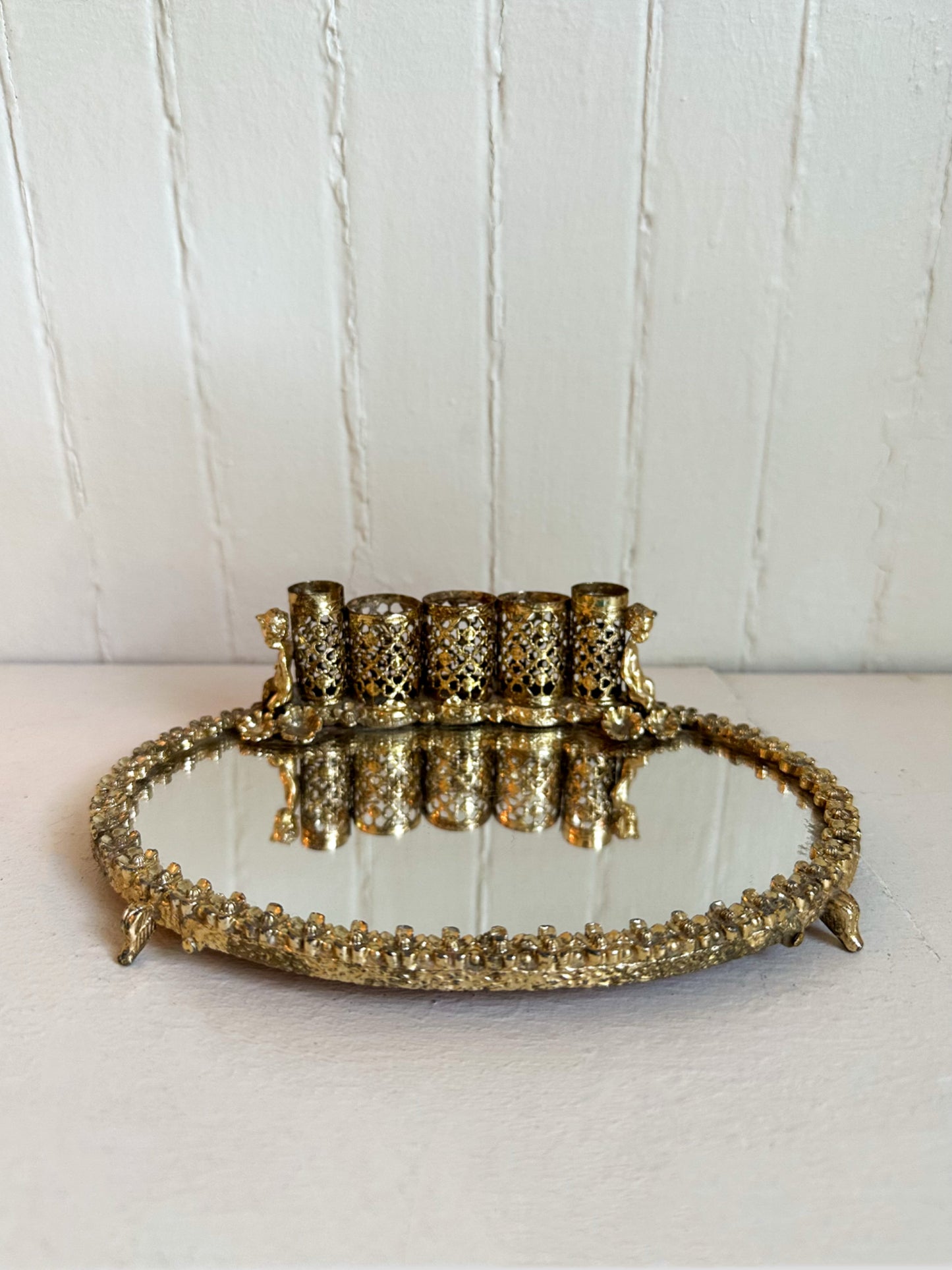 Vintage Gold Cherub Lipstick Holder with Mirrored Tray