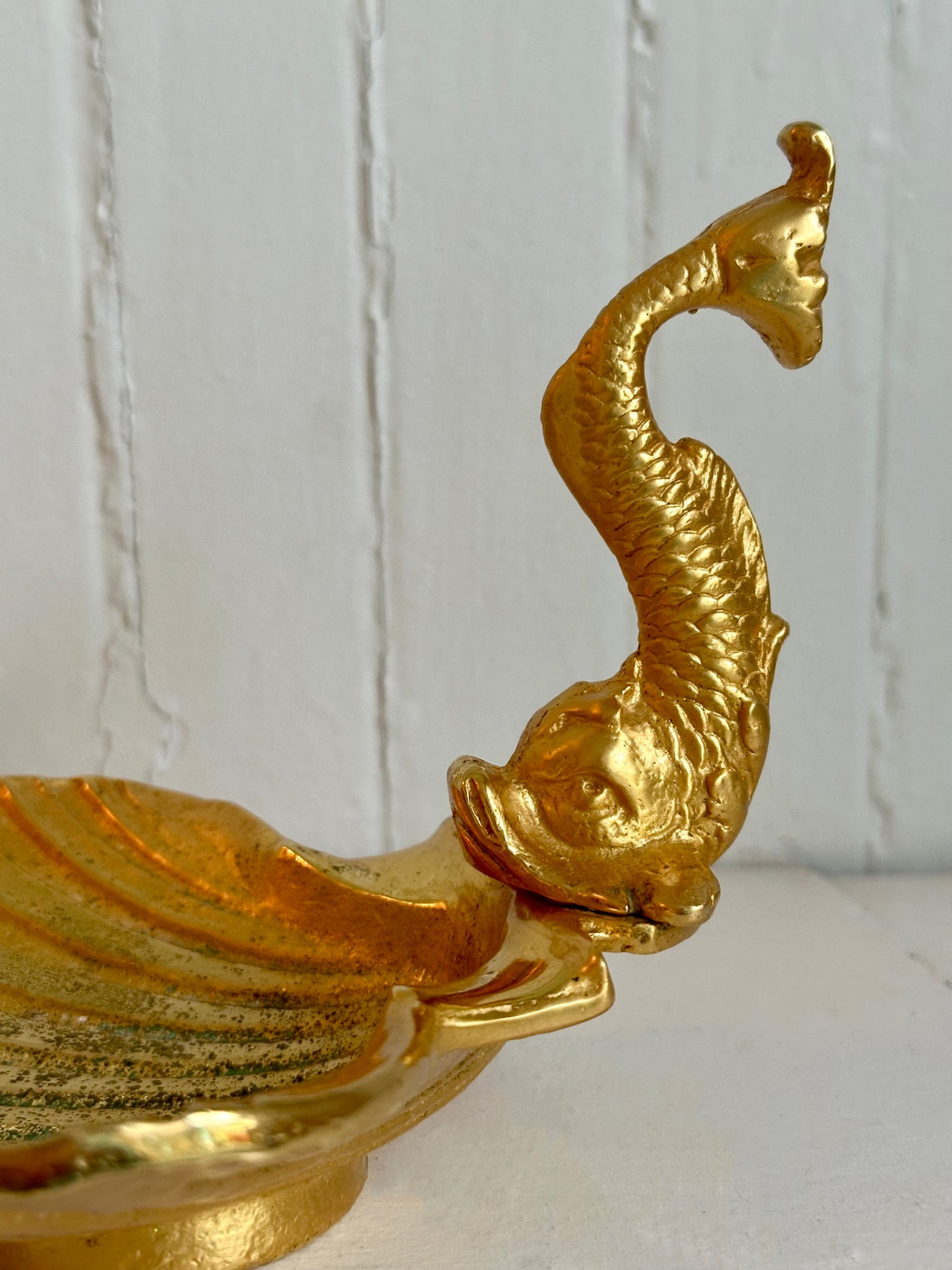 Vintage Gold Brass Koi Fish & Clam Shell Dish
