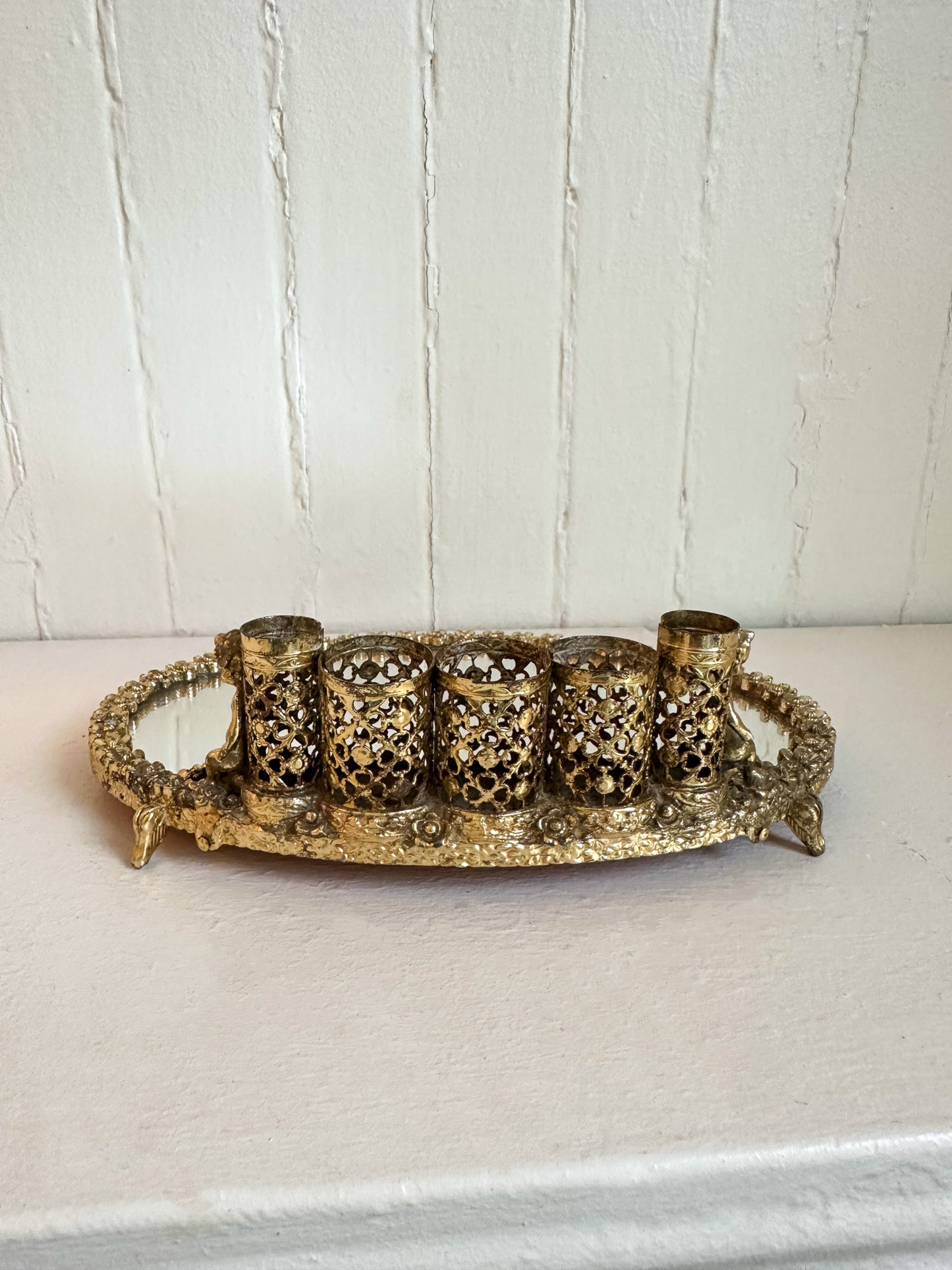 Vintage Gold Cherub Lipstick Holder with Mirrored Tray