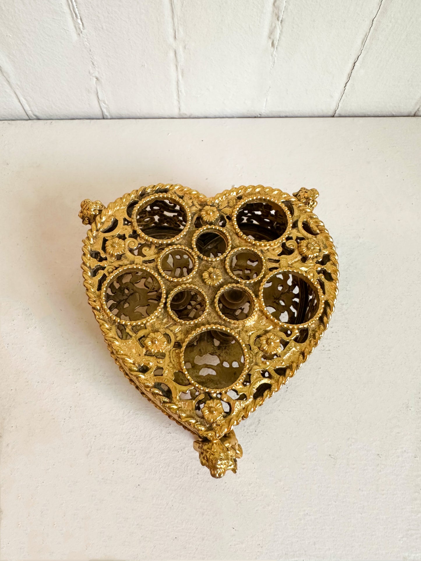 Vintage Gold Heart Lipstick Holder with Cherubs