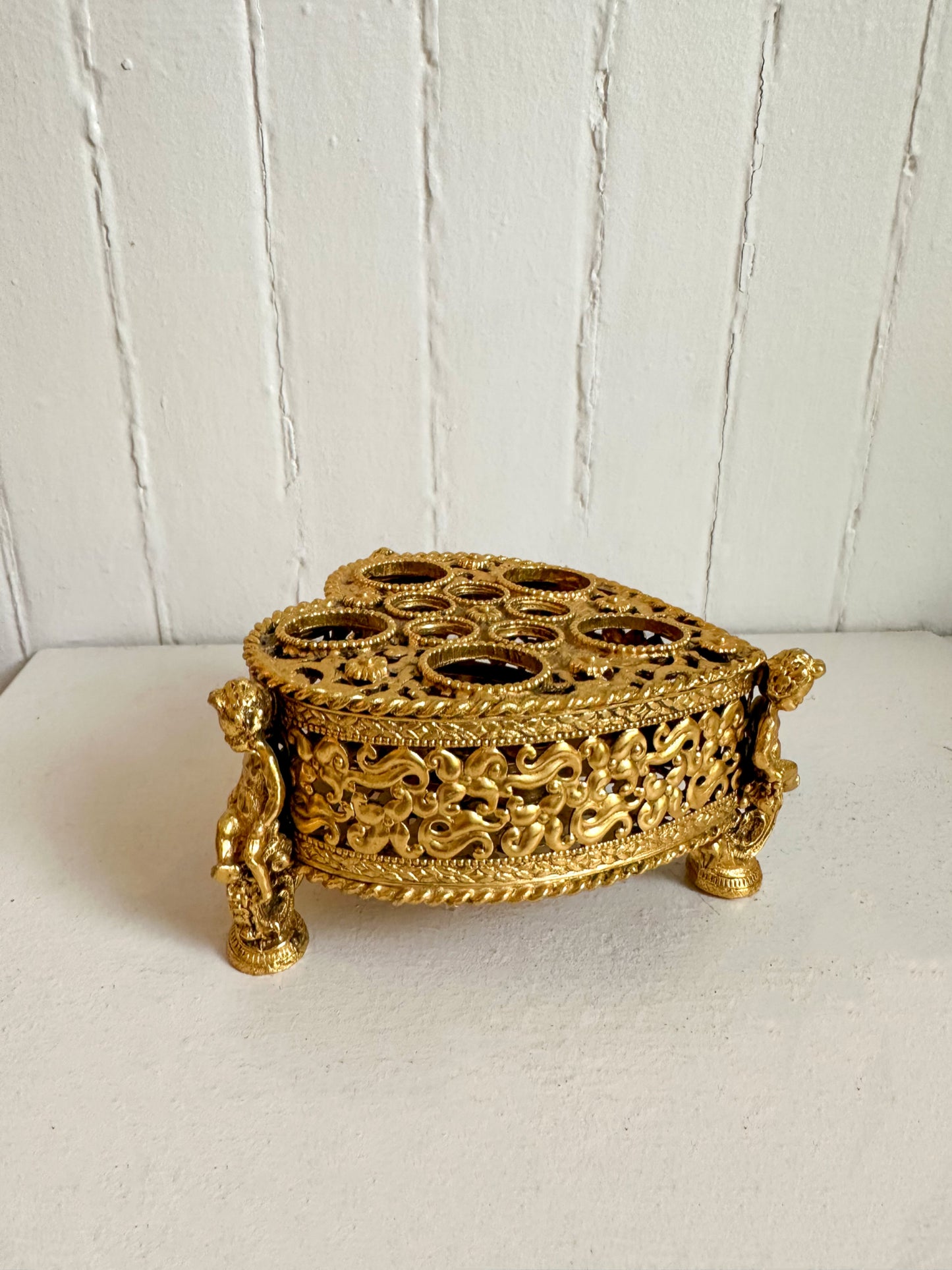 Vintage Gold Heart Lipstick Holder with Cherubs