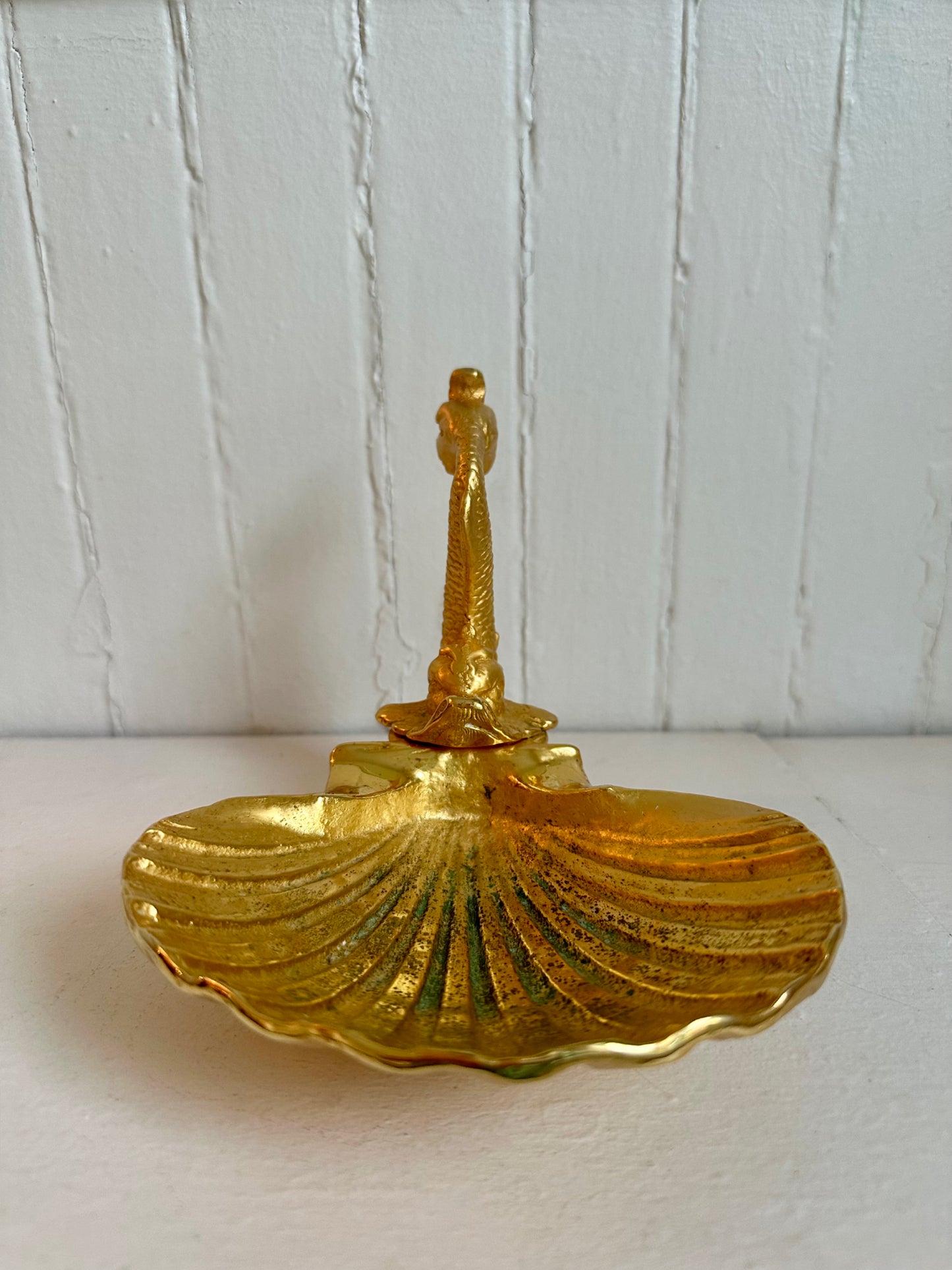 Vintage Gold Brass Koi Fish & Clam Shell Dish