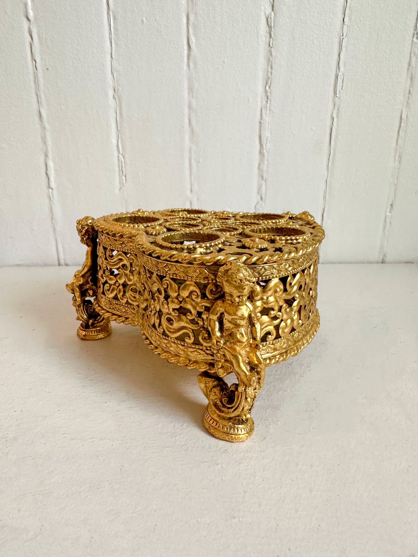 Vintage Gold Heart Lipstick Holder with Cherubs