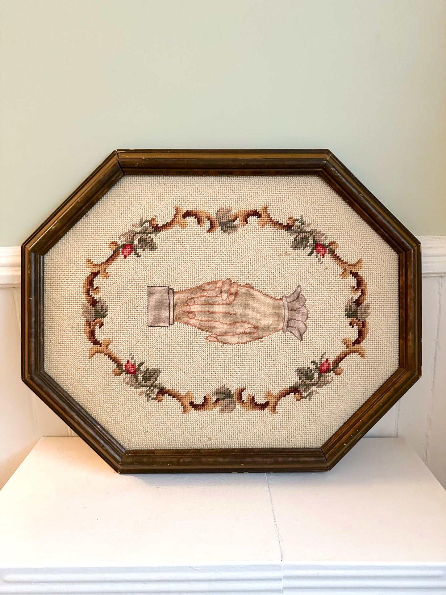 Vintage Handshake Friendship and Unity Framed Needlepoint
