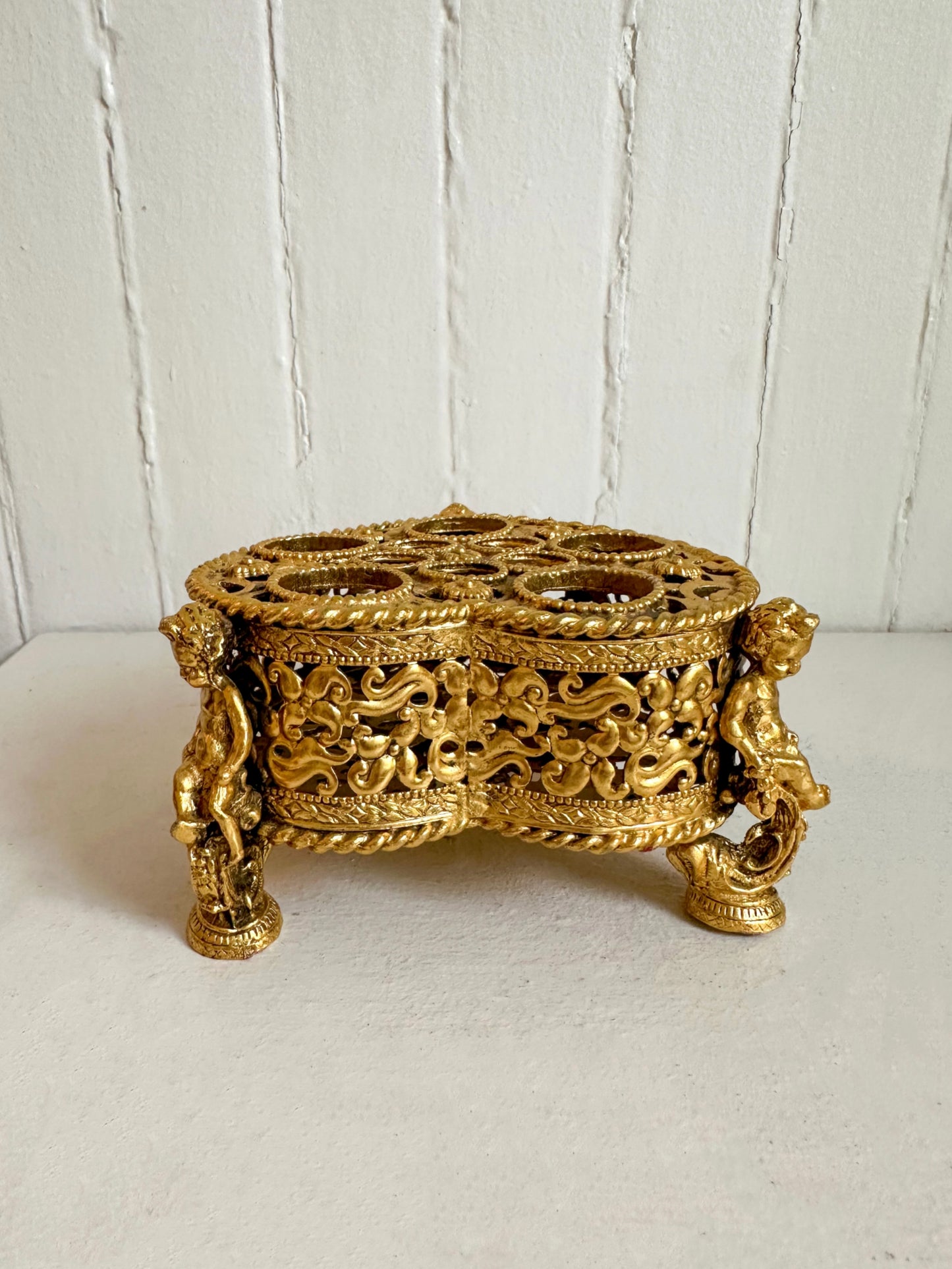 Vintage Gold Heart Lipstick Holder with Cherubs