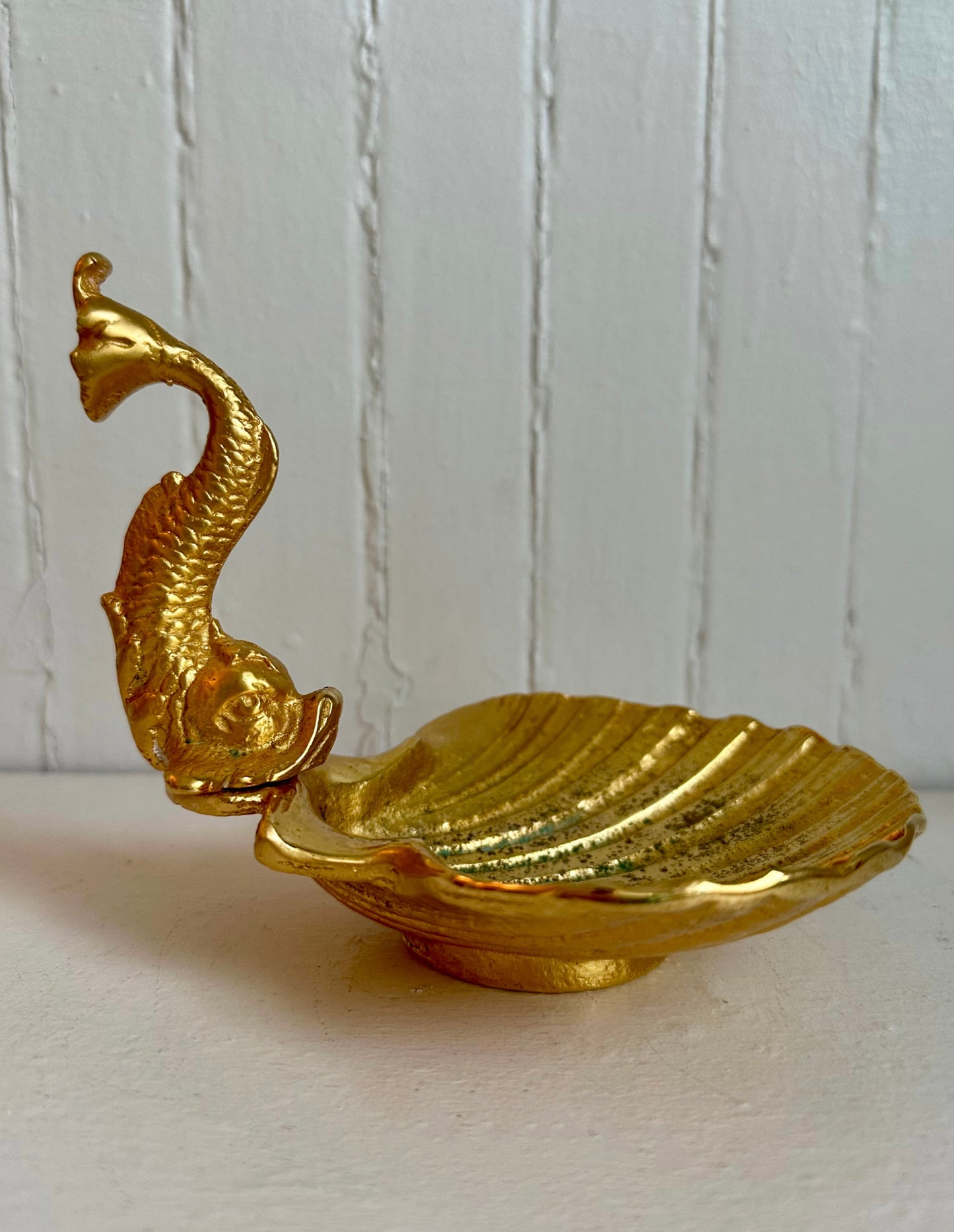 Vintage Gold Brass Koi Fish & Clam Shell Dish
