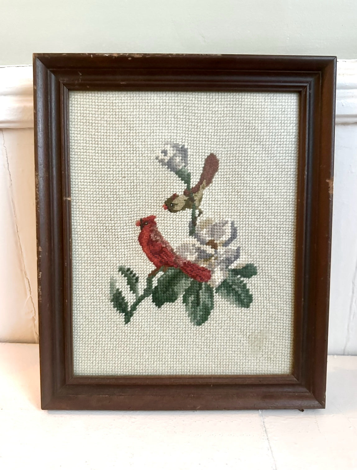 Vintage Perched Birds Framed Needlepoint