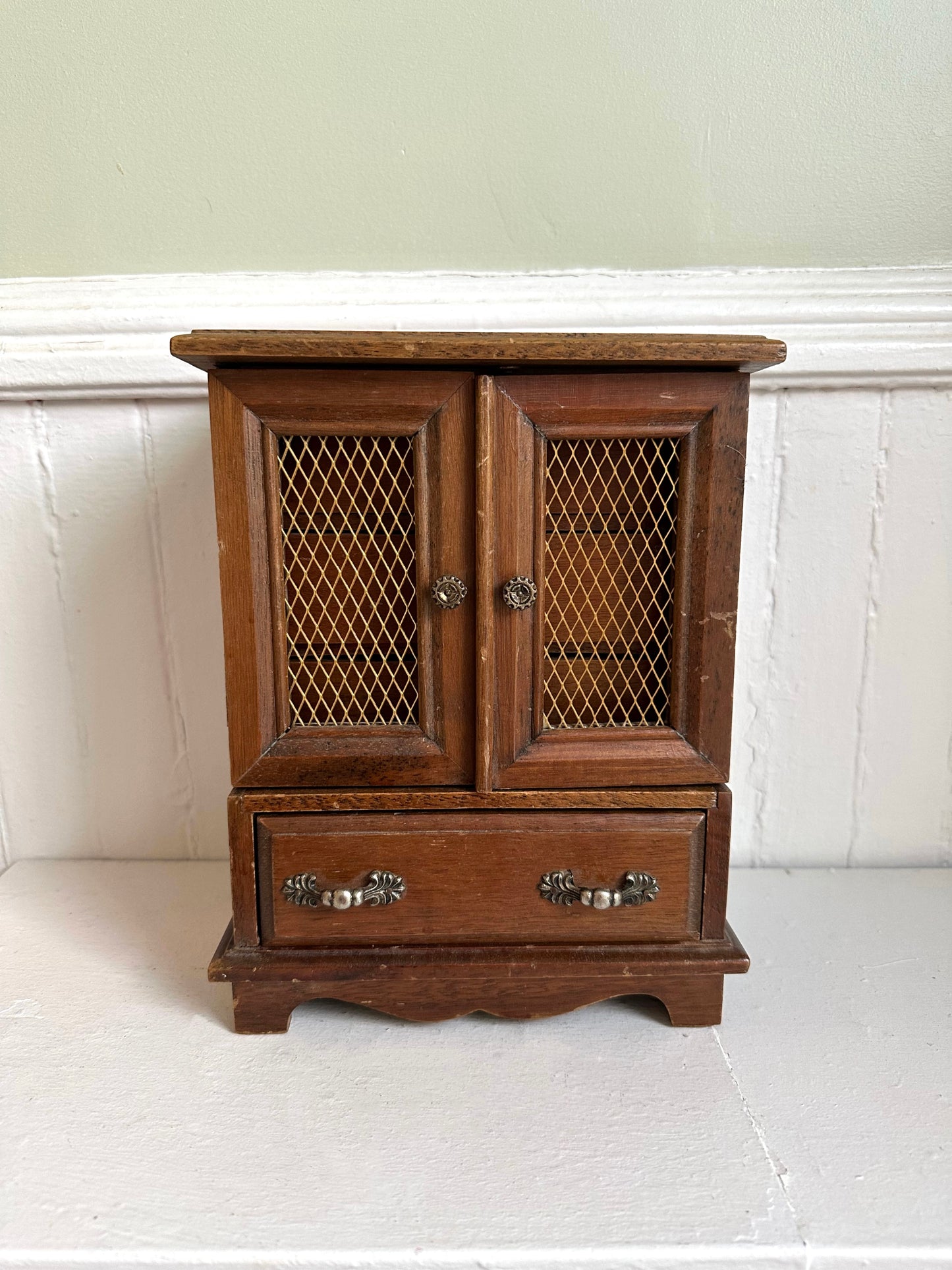 Vintage Wood Armoire Jewelry Box with Doors
