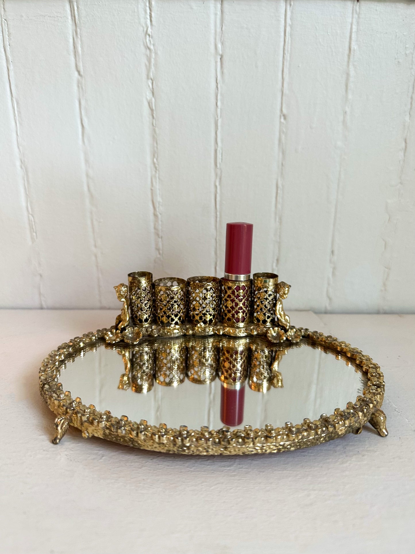 Vintage Gold Cherub Lipstick Holder with Mirrored Tray