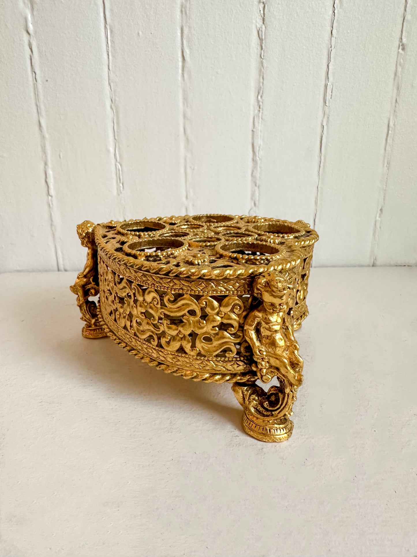 Vintage Gold Heart Lipstick Holder with Cherubs