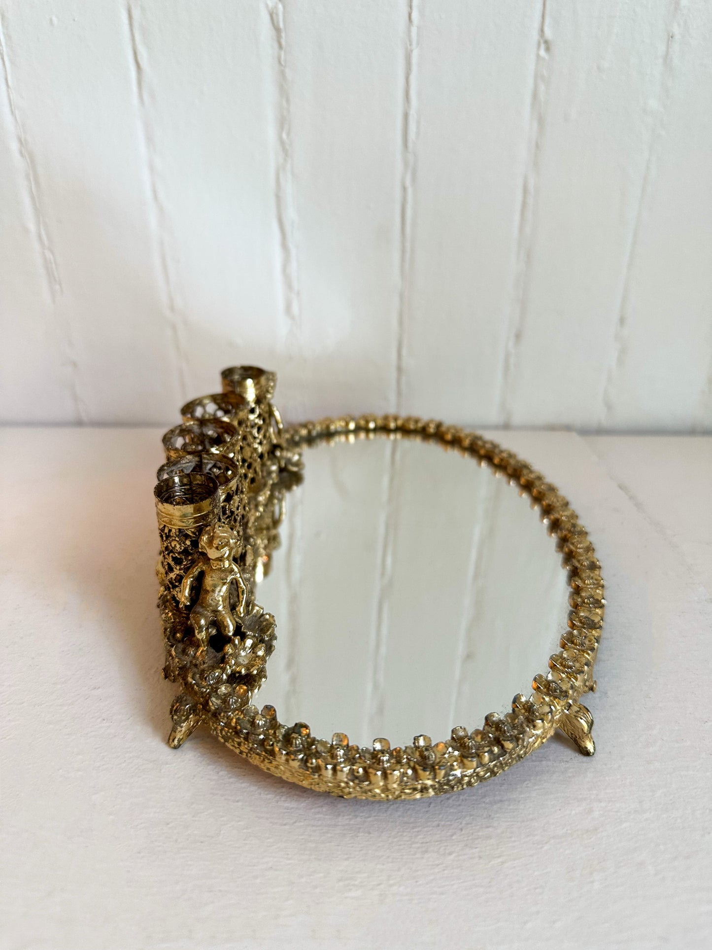 Vintage Gold Cherub Lipstick Holder with Mirrored Tray