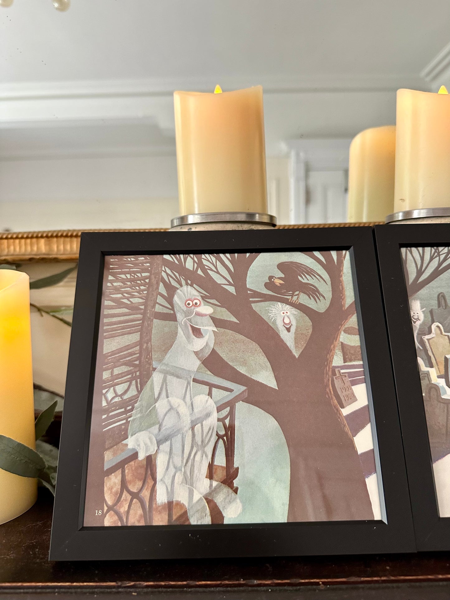 "The Haunted Mansion" Pair of Vintage Framed Book Pages "Graveyard Caretaker and Dog"