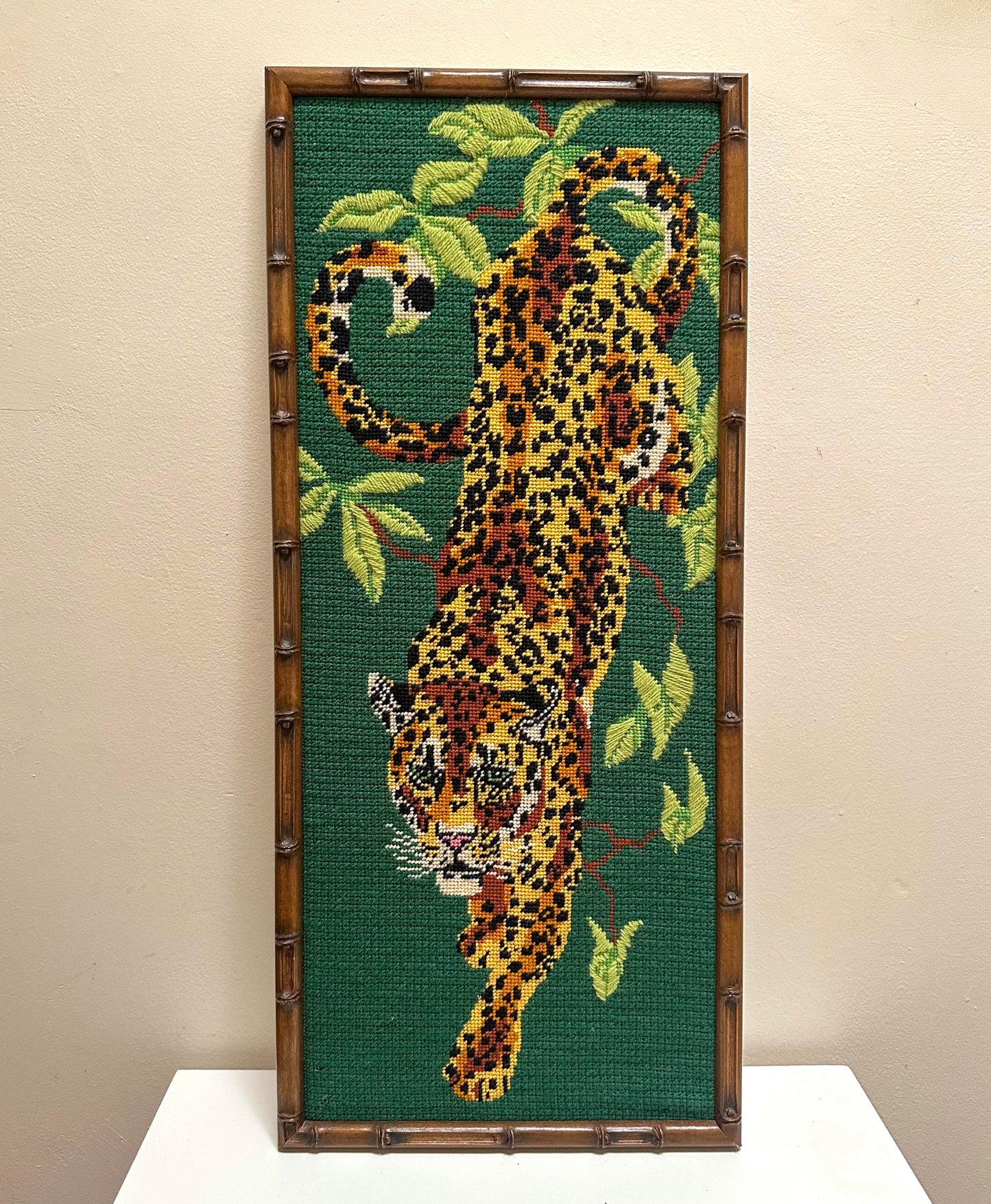 Vintage Leopard Needlepoint in Brown Bamboo Frame