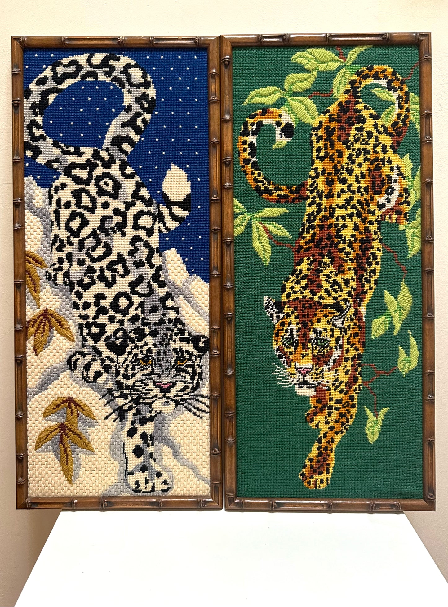 Vintage Snow Leopard Needlepoint in Brown Bamboo Frame