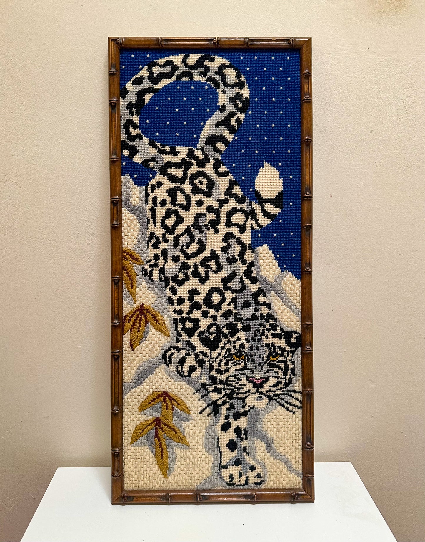 Vintage Snow Leopard Needlepoint in Brown Bamboo Frame