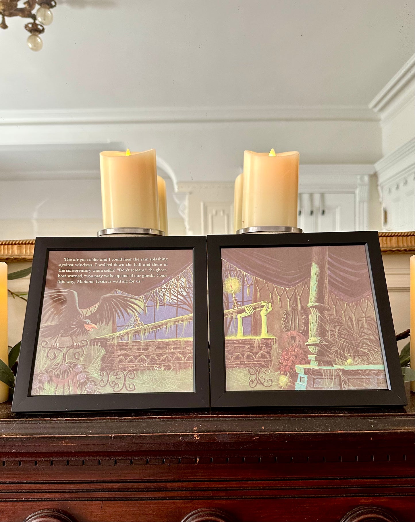 "The Haunted Mansion" Pair of Vintage Framed Book Pages "Don't Scream"