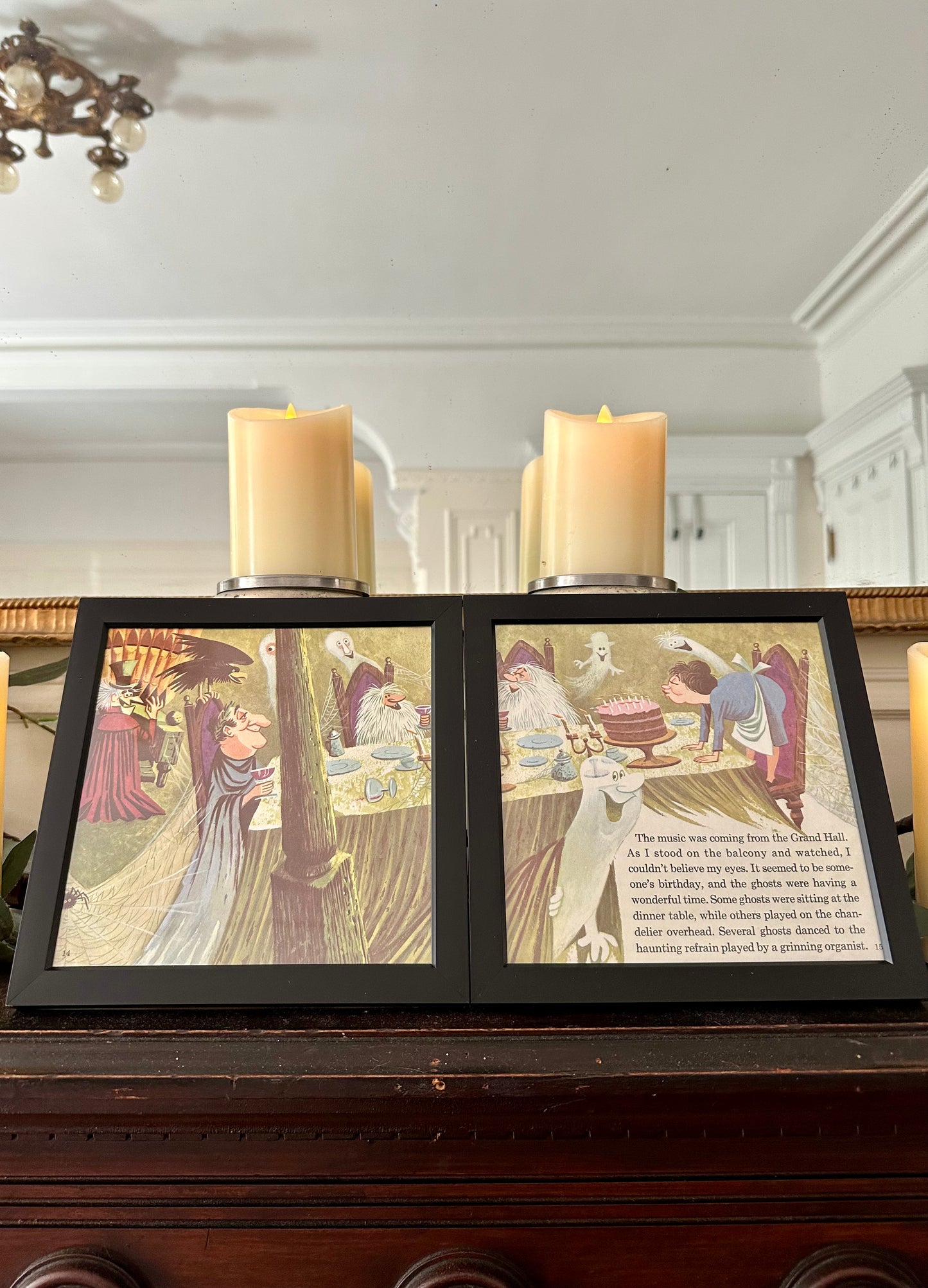 "The Haunted Mansion" Pair of Vintage Framed Book Pages "Grinning Organist"