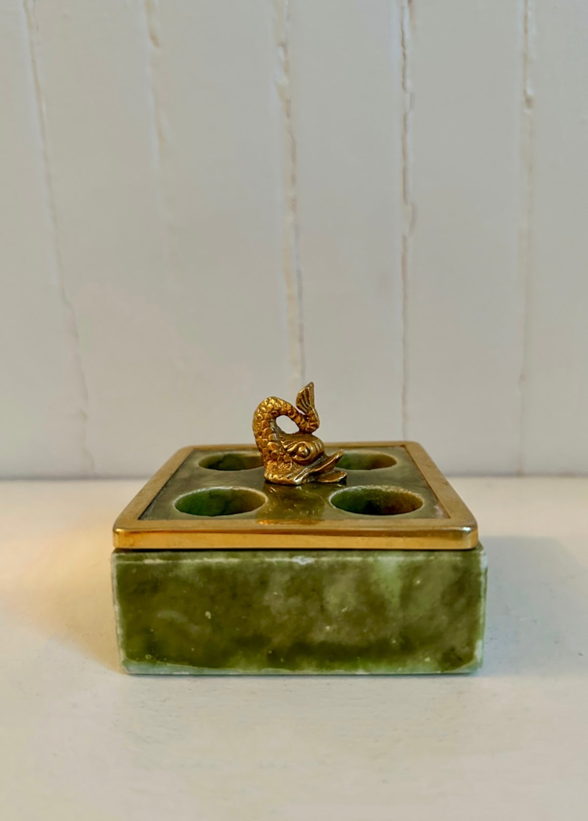 Vintage Green Marble & Brass Koi Fish Lipstick Holder