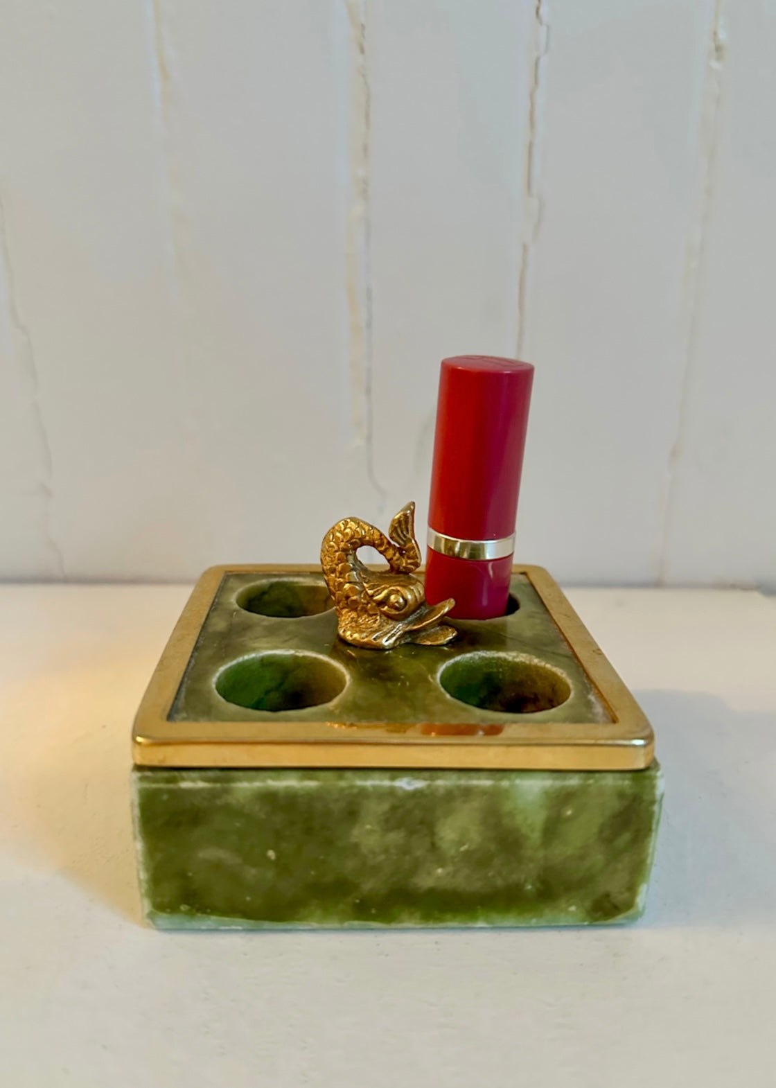 Vintage Green Marble & Brass Koi Fish Lipstick Holder