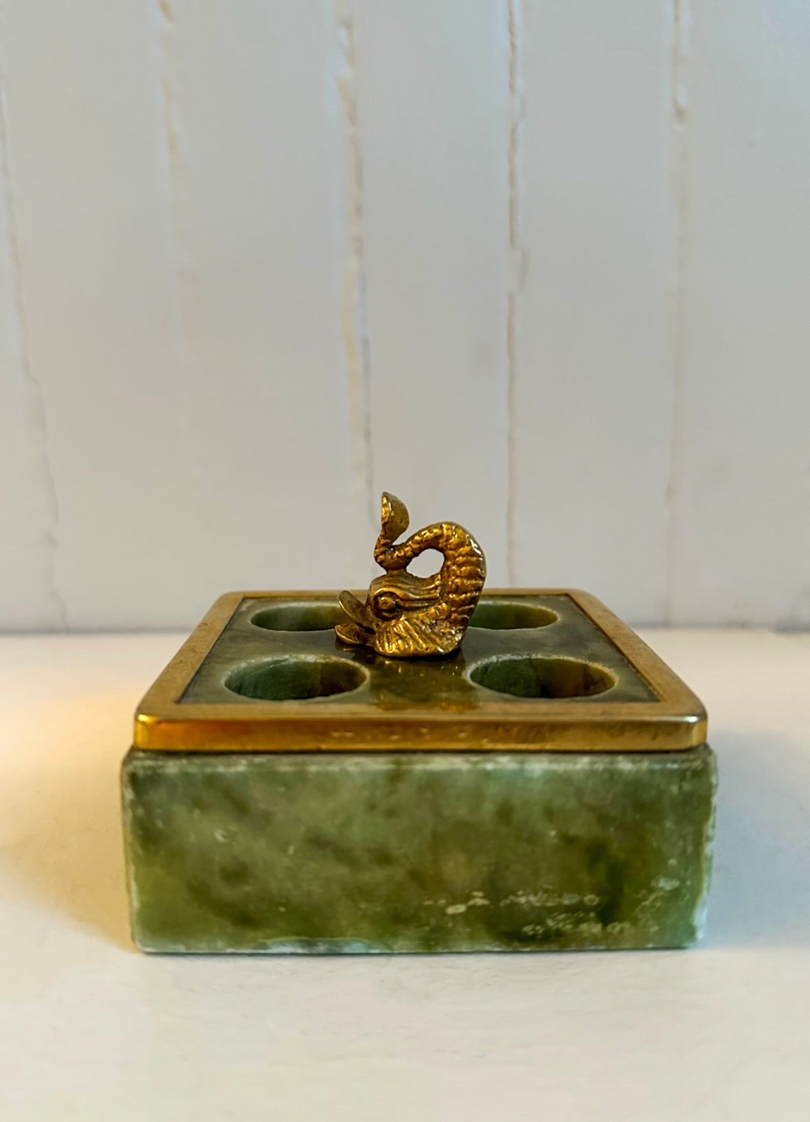 Vintage Green Marble & Brass Koi Fish Lipstick Holder