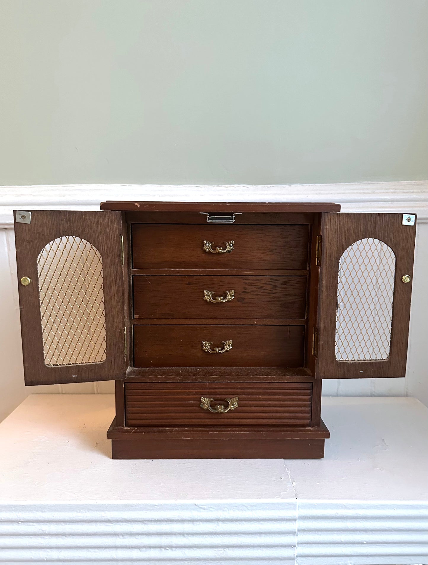 Vintage Wood Armoire Jewelry Box with Doors