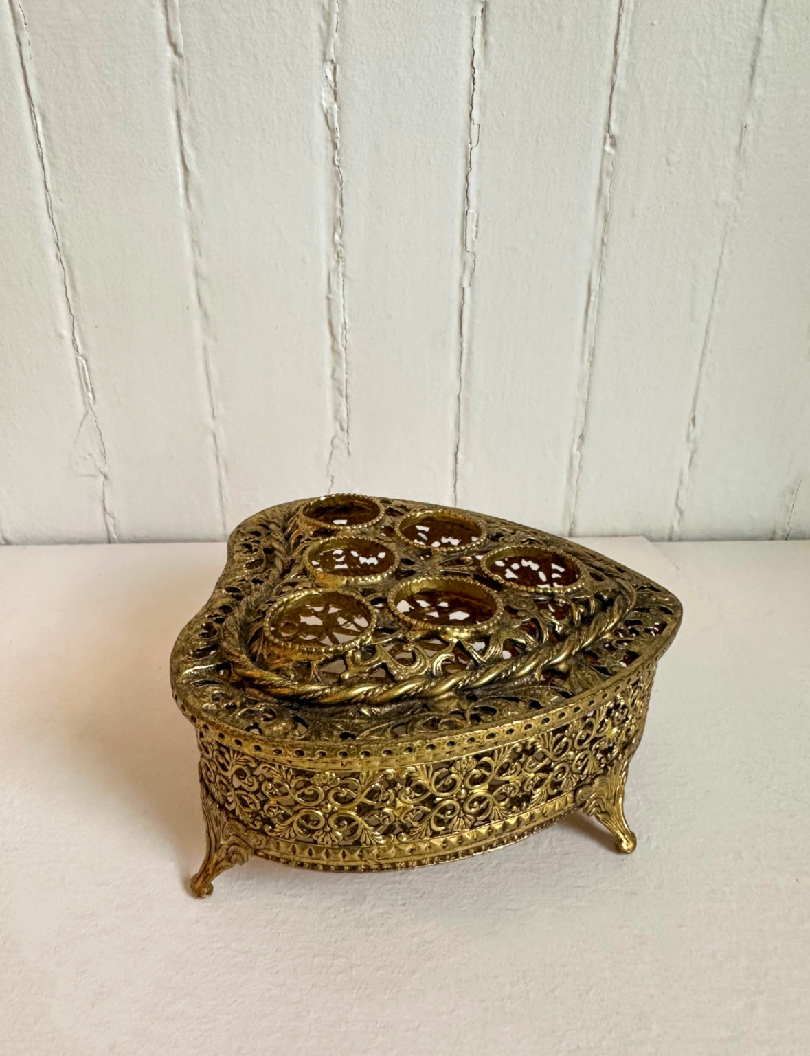 Vintage Brass Gold Heart Lipstick Holder
