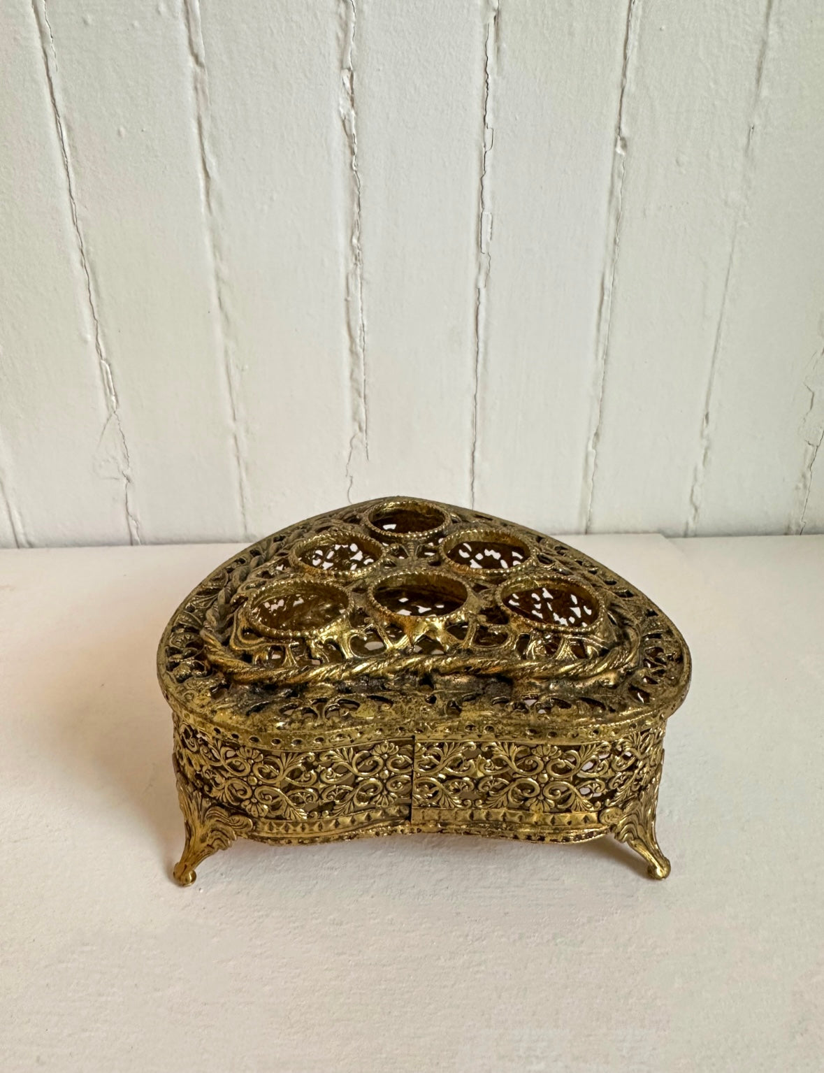 Vintage Brass Gold Heart Lipstick Holder