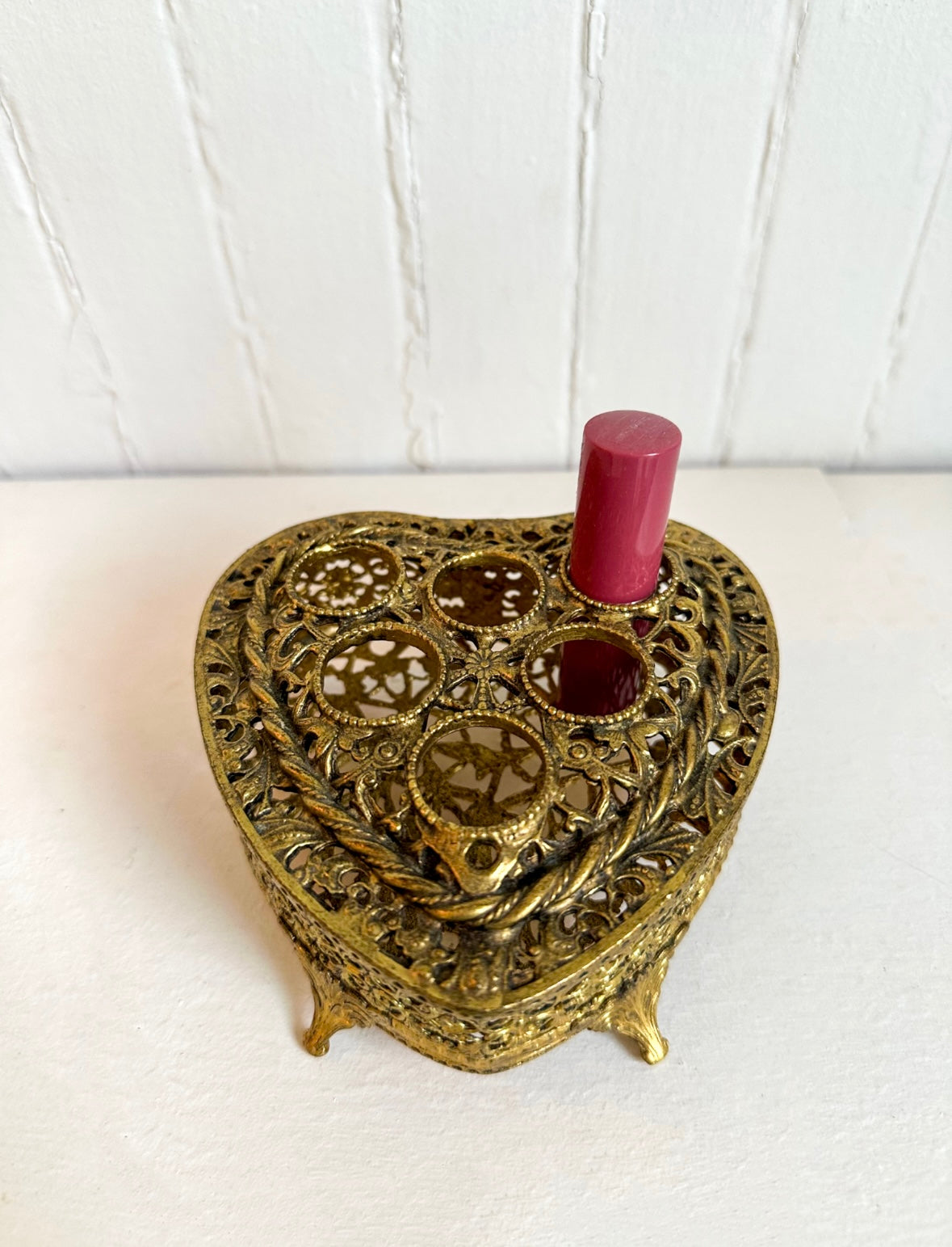 Vintage Brass Gold Heart Lipstick Holder