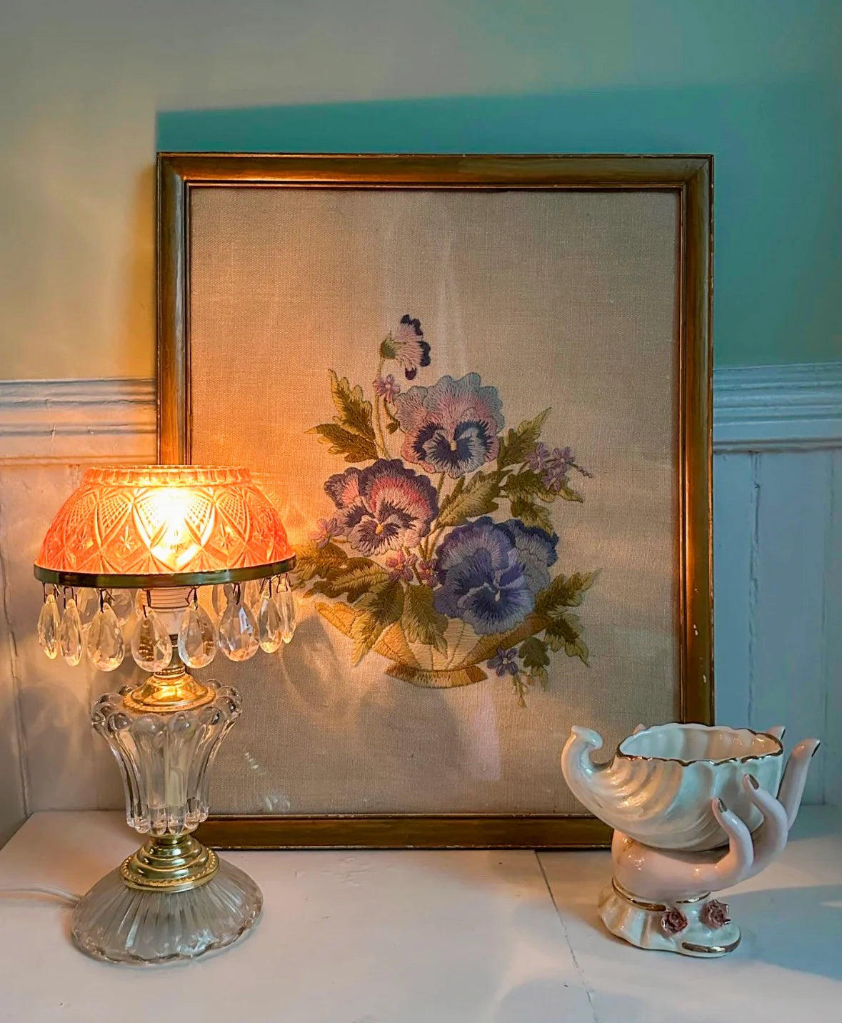 Vintage Pansies Framed Needlepoint
