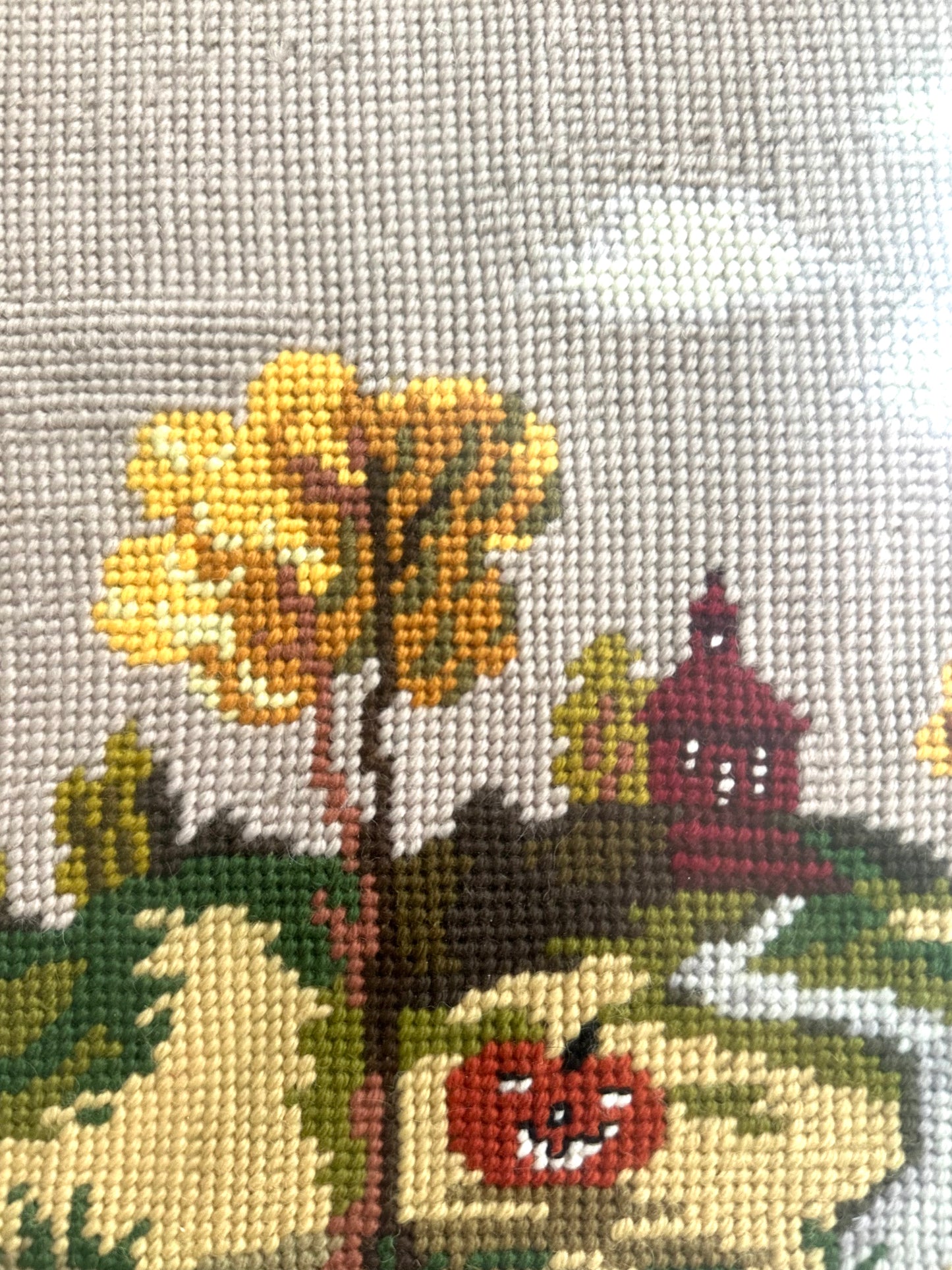Vintage Pumpkin Fall Scene Framed Needlepoint