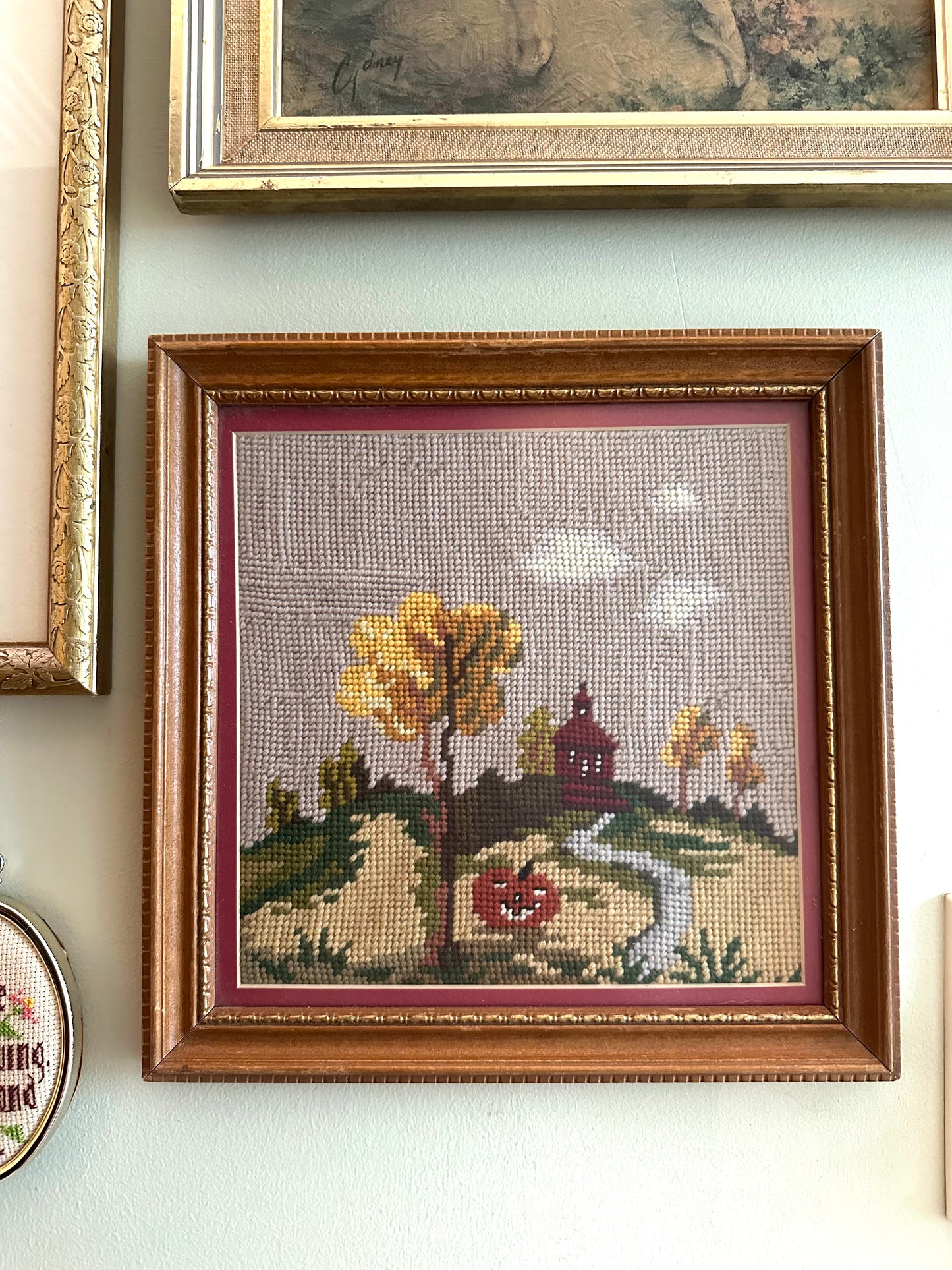 Vintage Pumpkin Fall Scene Framed Needlepoint