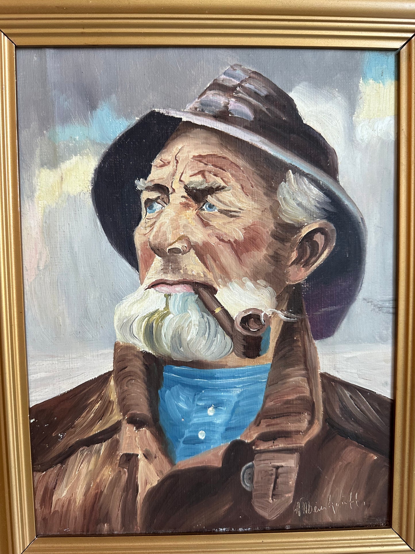 Vintage Fisherman Original Oil Painting