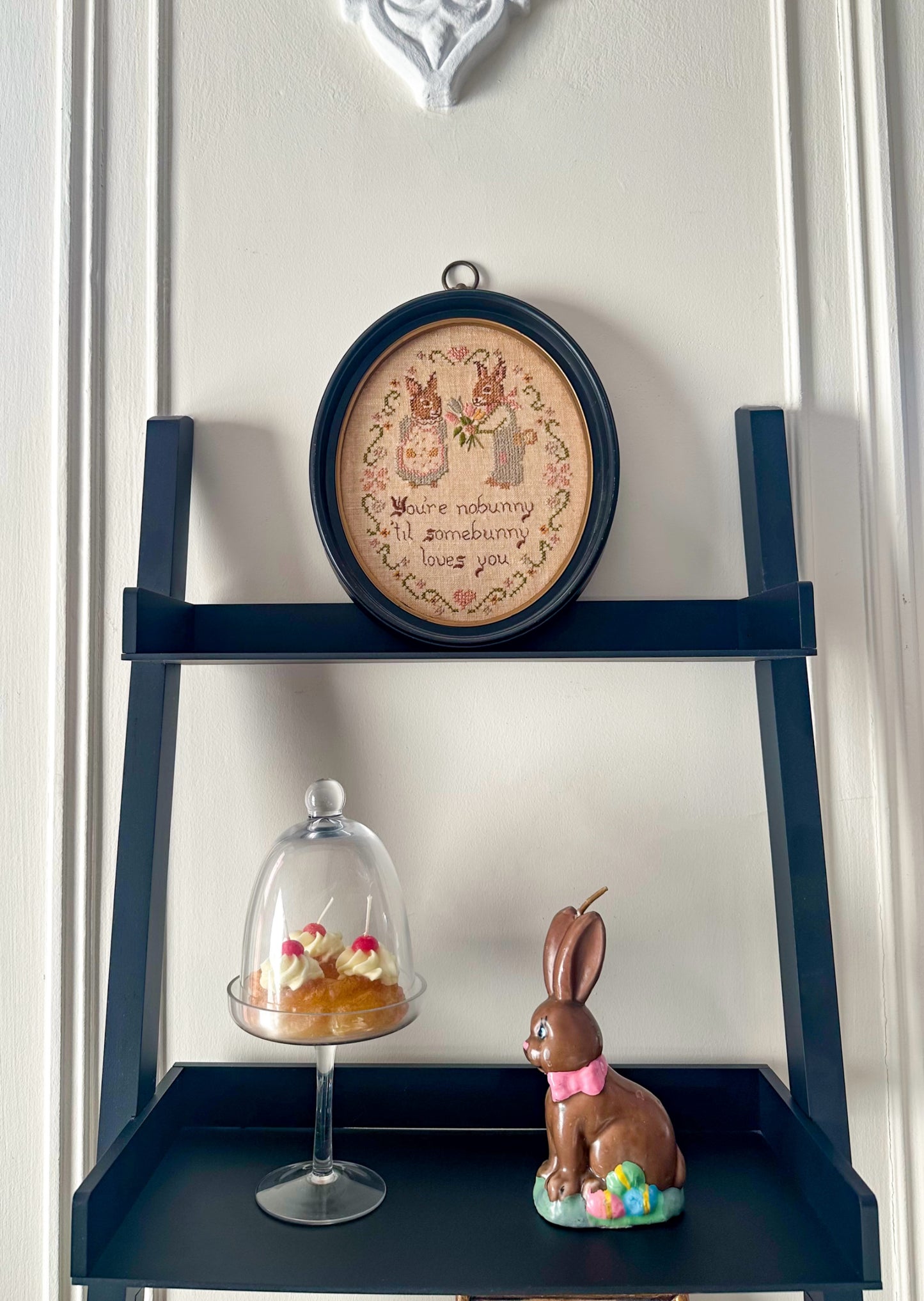 Vintage Framed Bunny Love Needlepoint