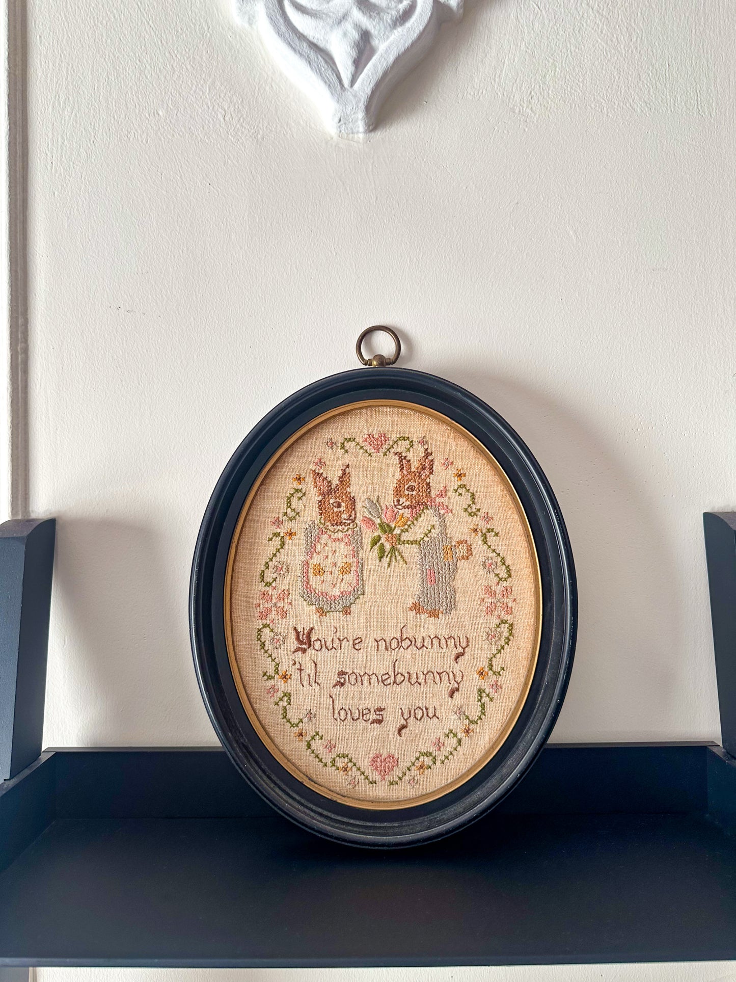 Vintage Framed Bunny Love Needlepoint
