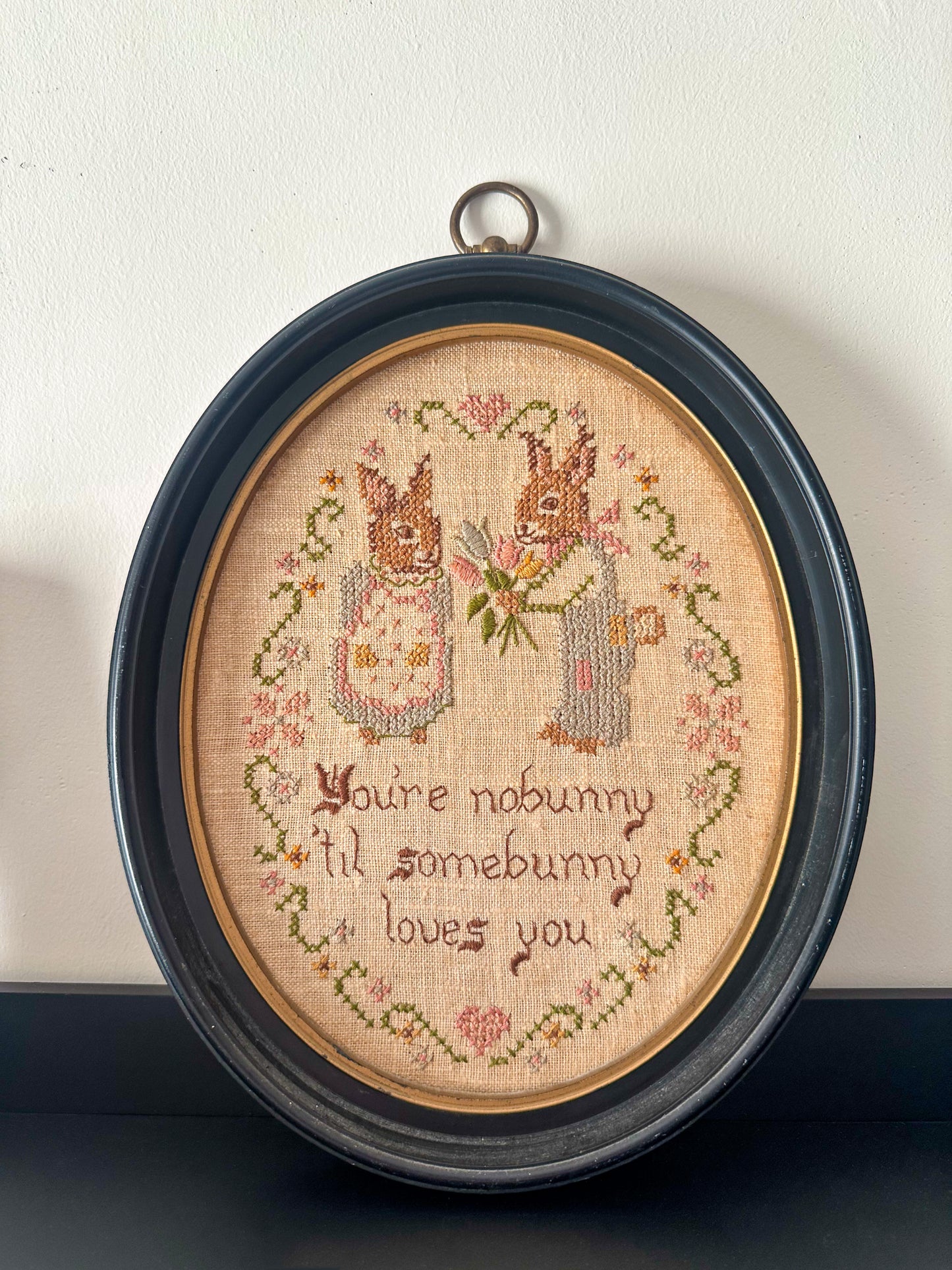 Vintage Framed Bunny Love Needlepoint