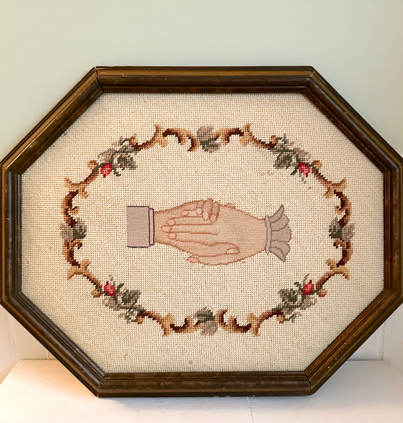 Vintage Handshake Friendship and Unity Framed Needlepoint