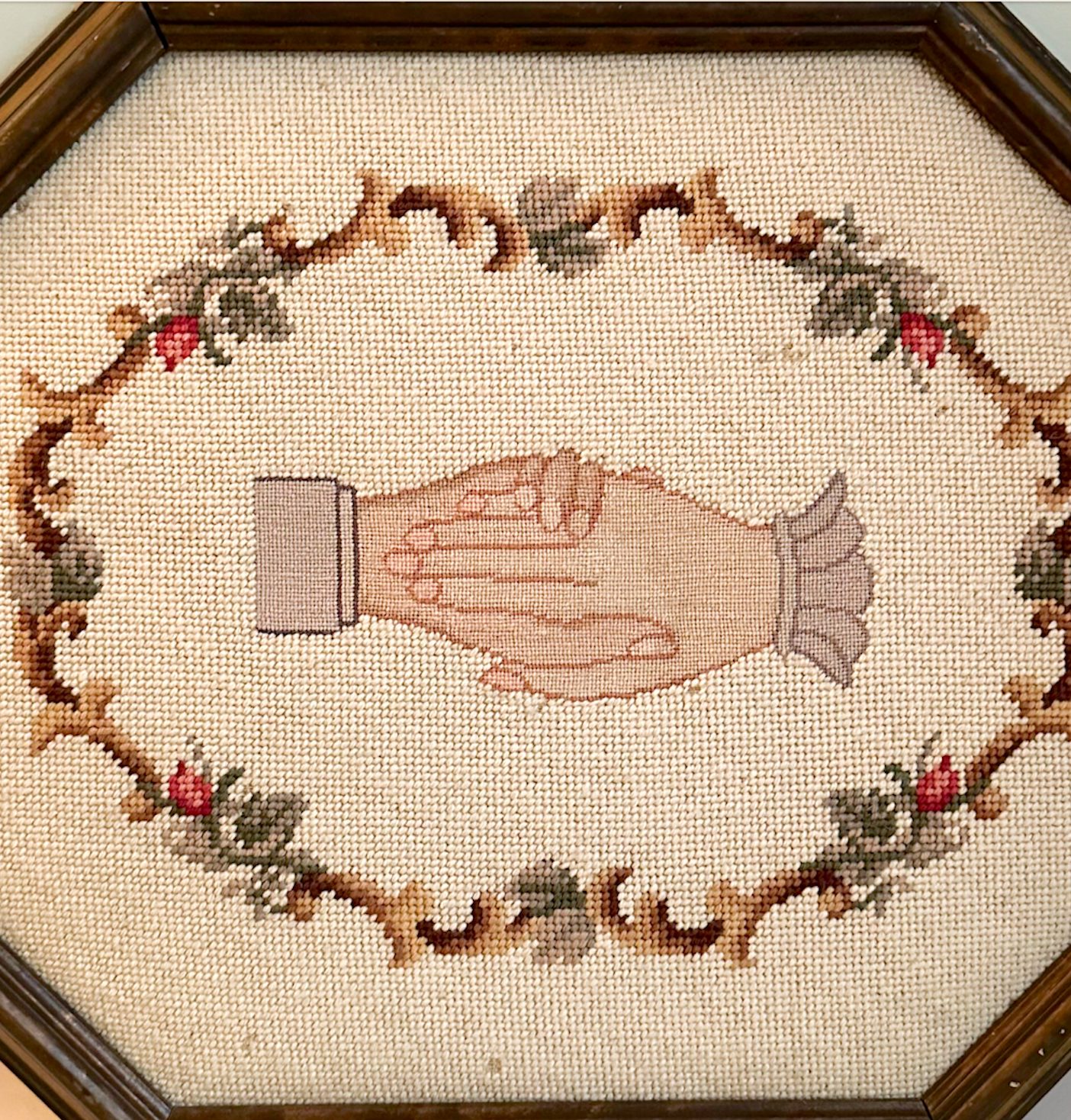 Vintage Handshake Friendship and Unity Framed Needlepoint