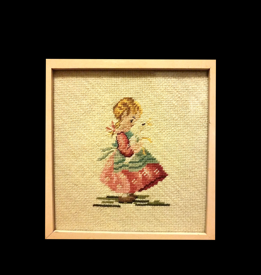 Vintage Girl with Duck Framed Needlepoint