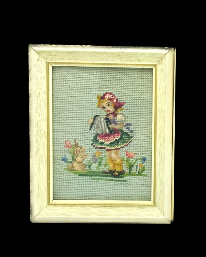 Vintage Girl with Bunny Framed Needlepoint