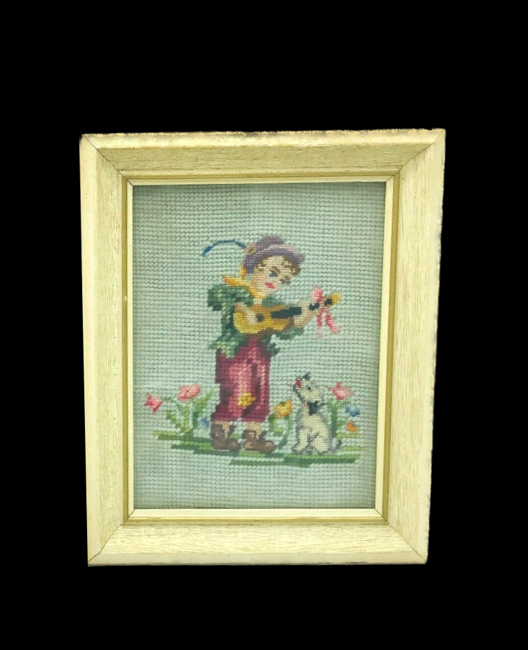 Vintage Boy with Dog Framed Needlepoint