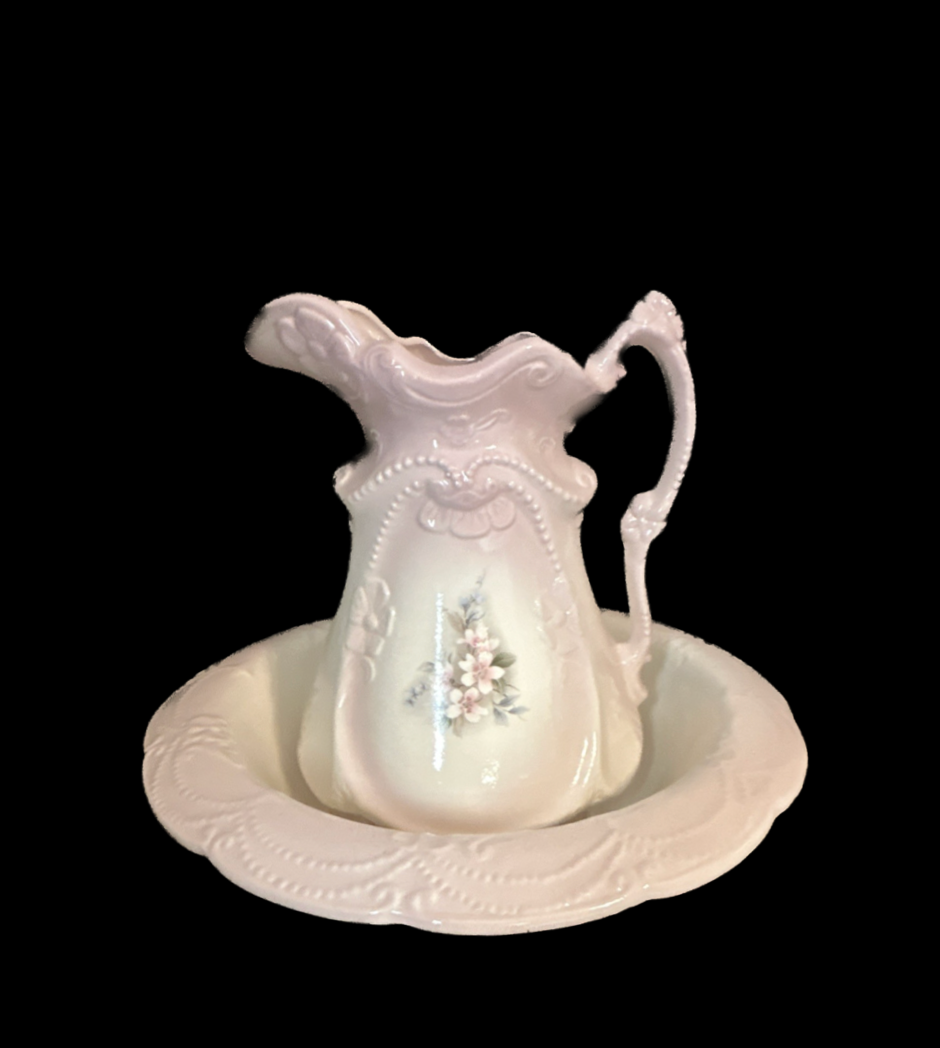 Vintage Pink Floral Ironstone Pitcher with Bowl