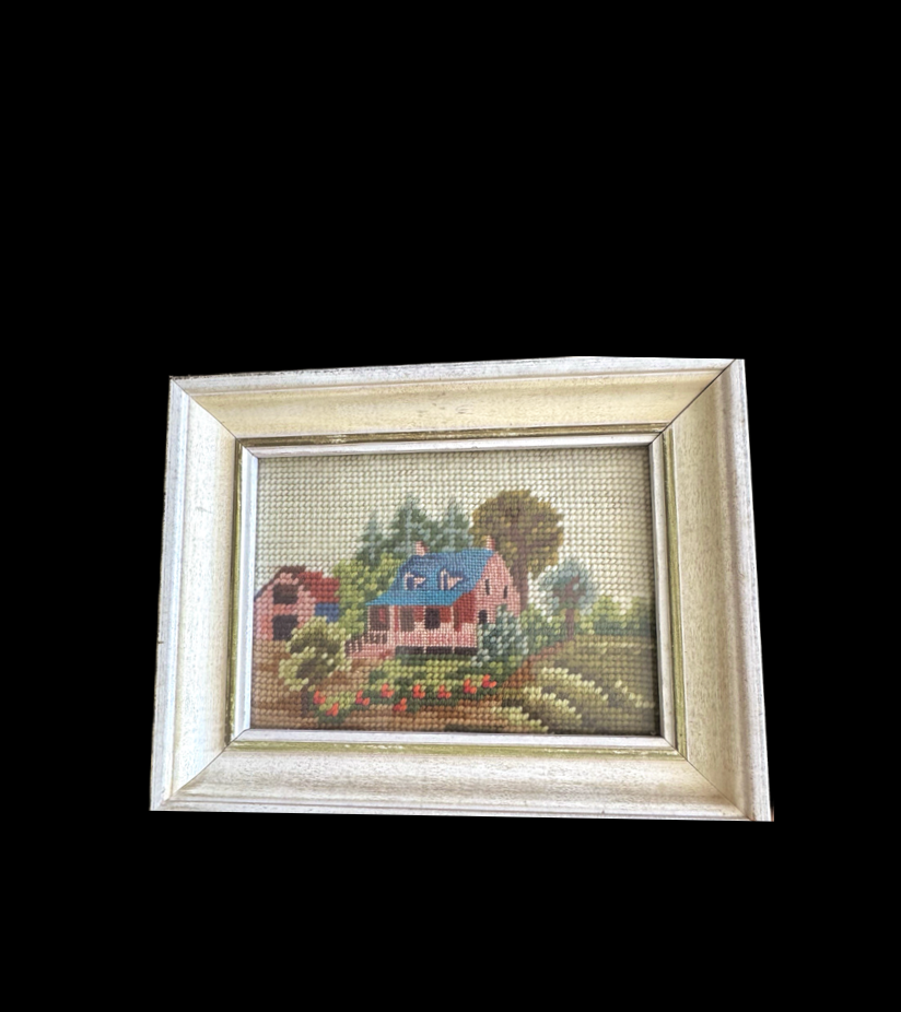 Vintage Cottage Scene Framed Needlepoint