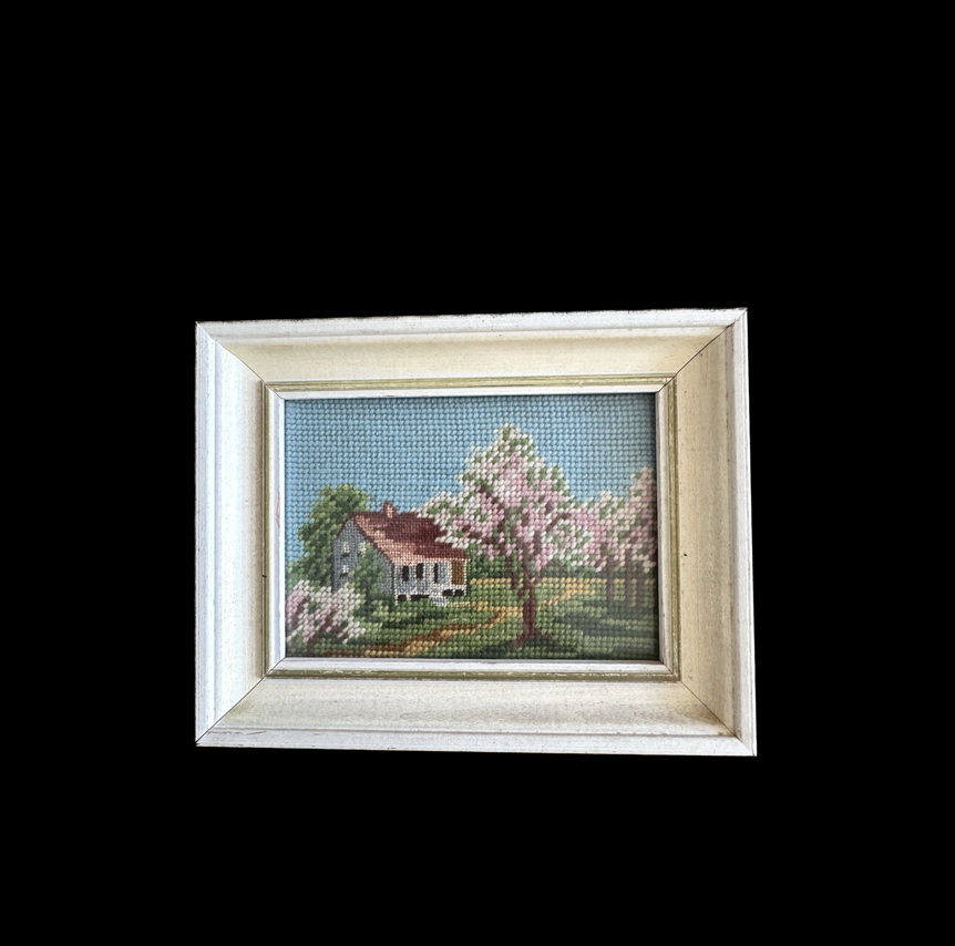 Vintage Cottage House Needlepoint in White Wood Frame